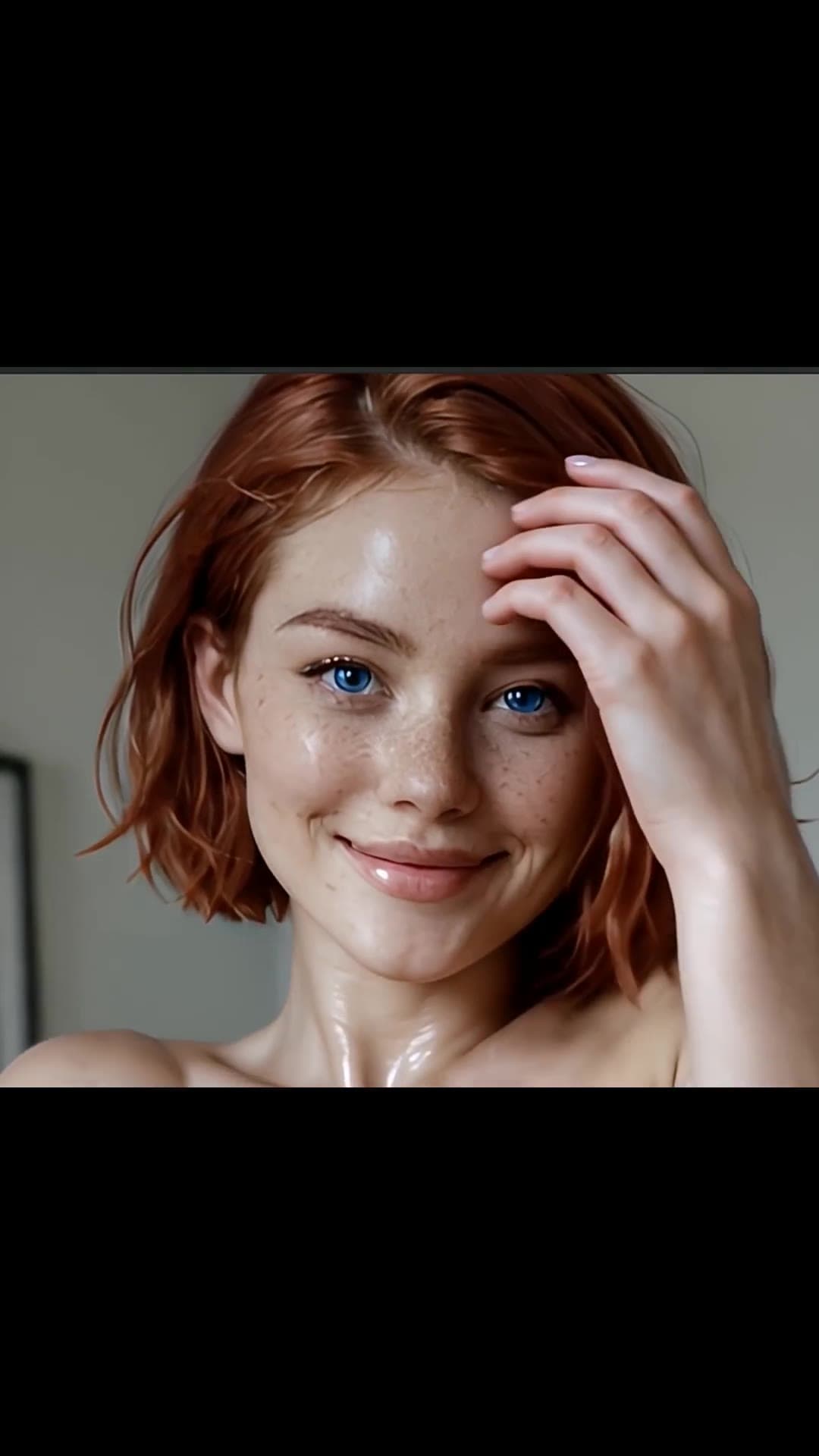 Redhead close-up topless wet skin
