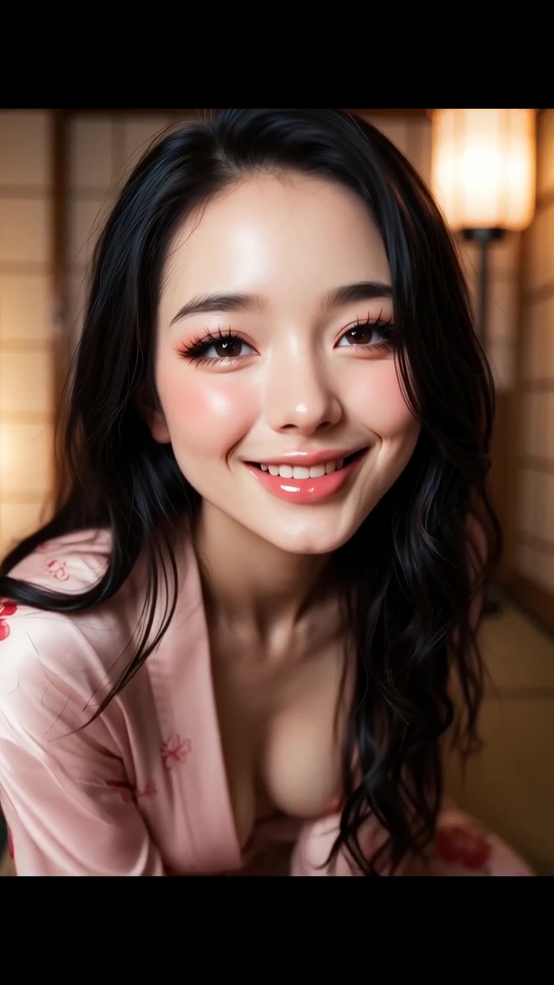 Open pink satin robe selfie