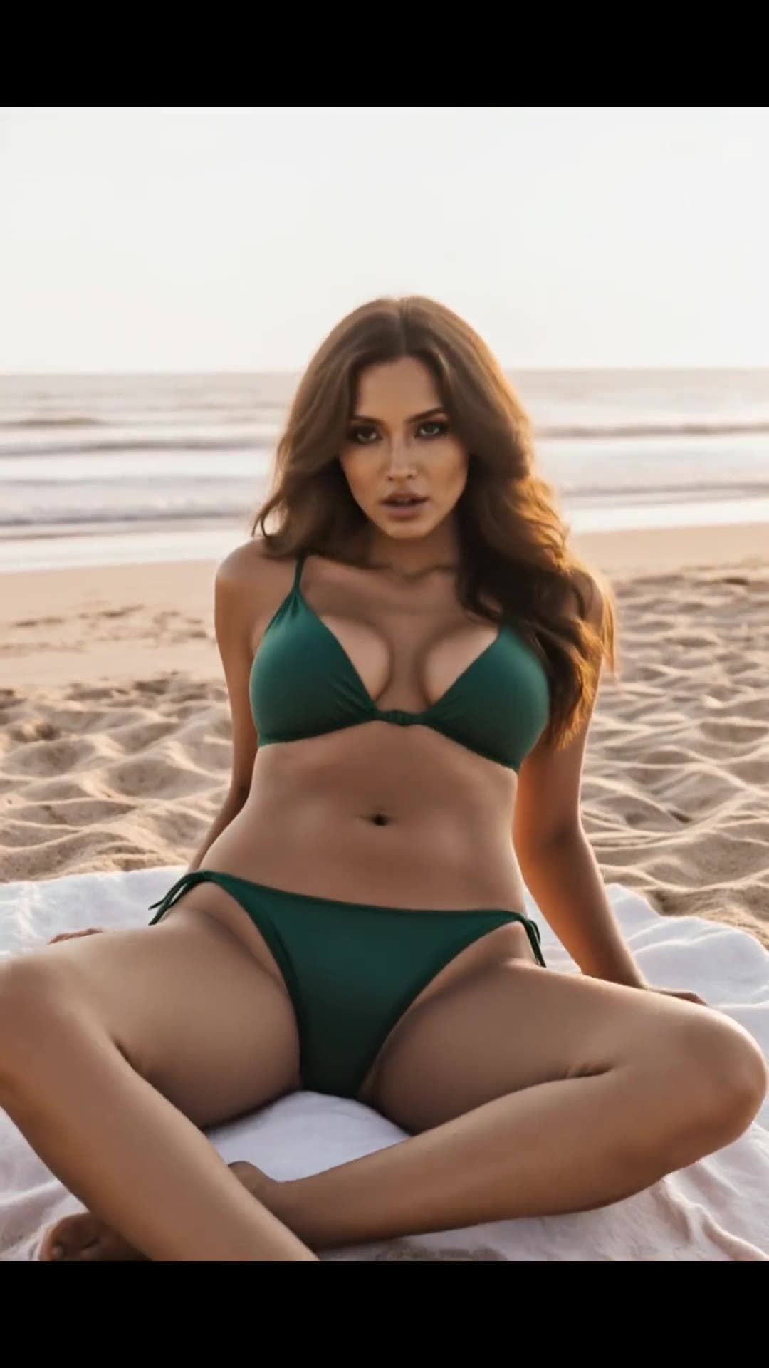 Green string bikini beach spread