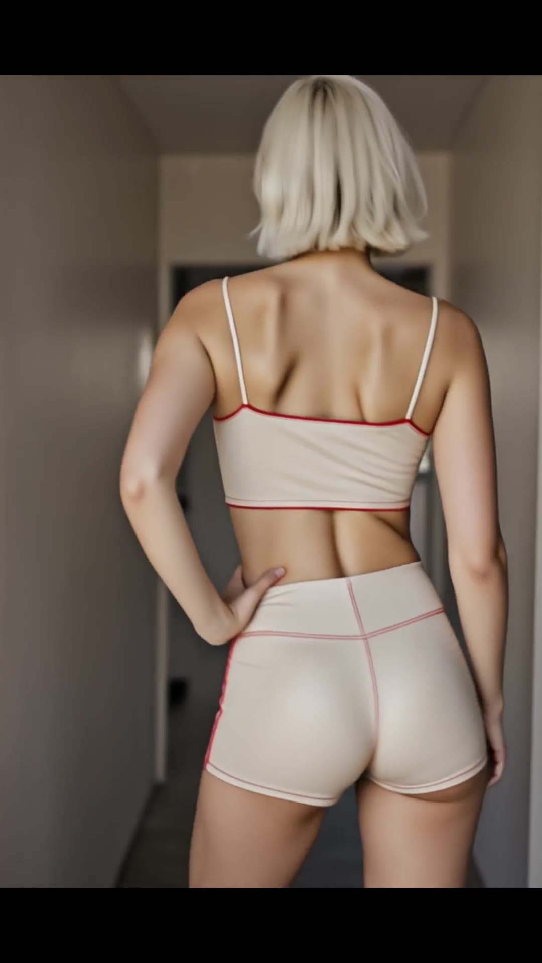 Platinum blonde bob in beige shorts