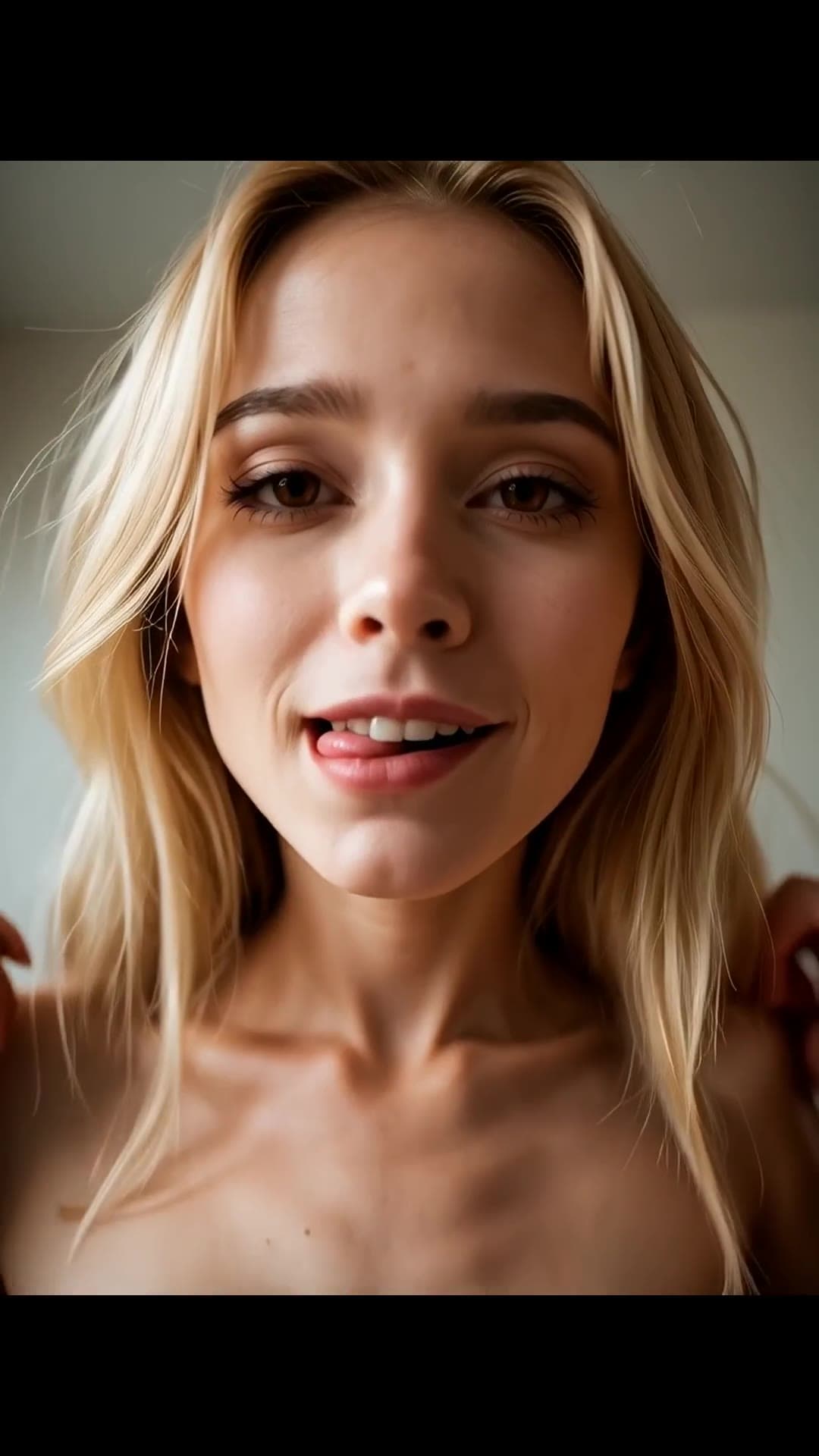 Topless selfie with hands on shoulders