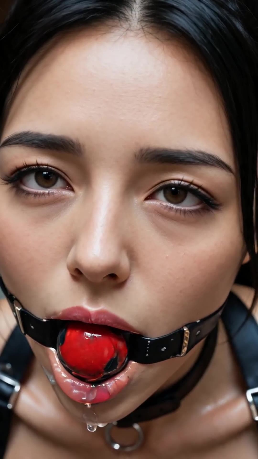 Raven hair leather ball gag close-up
