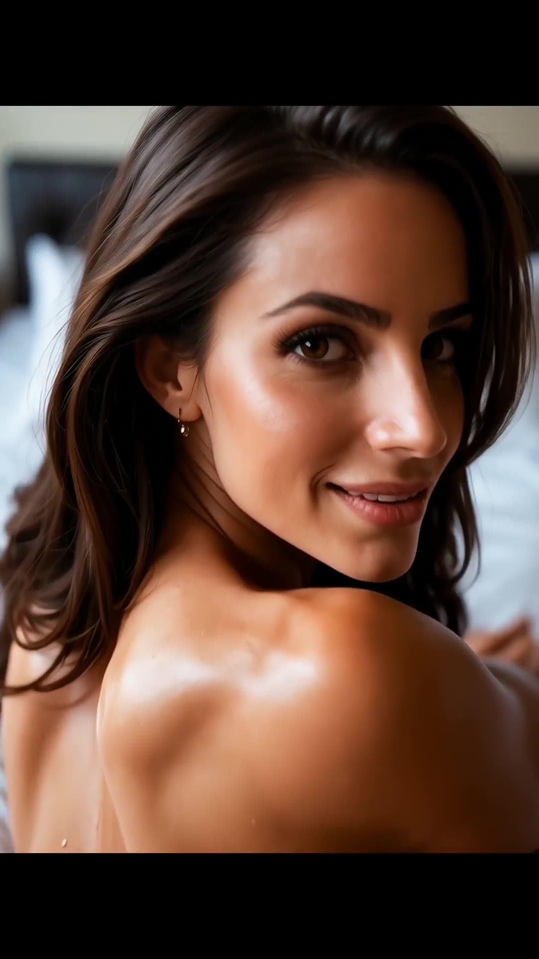 Oiled topless brunette bedroom close-up