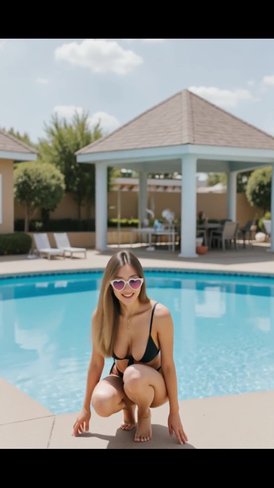Raven hair pink sunglasses poolside
