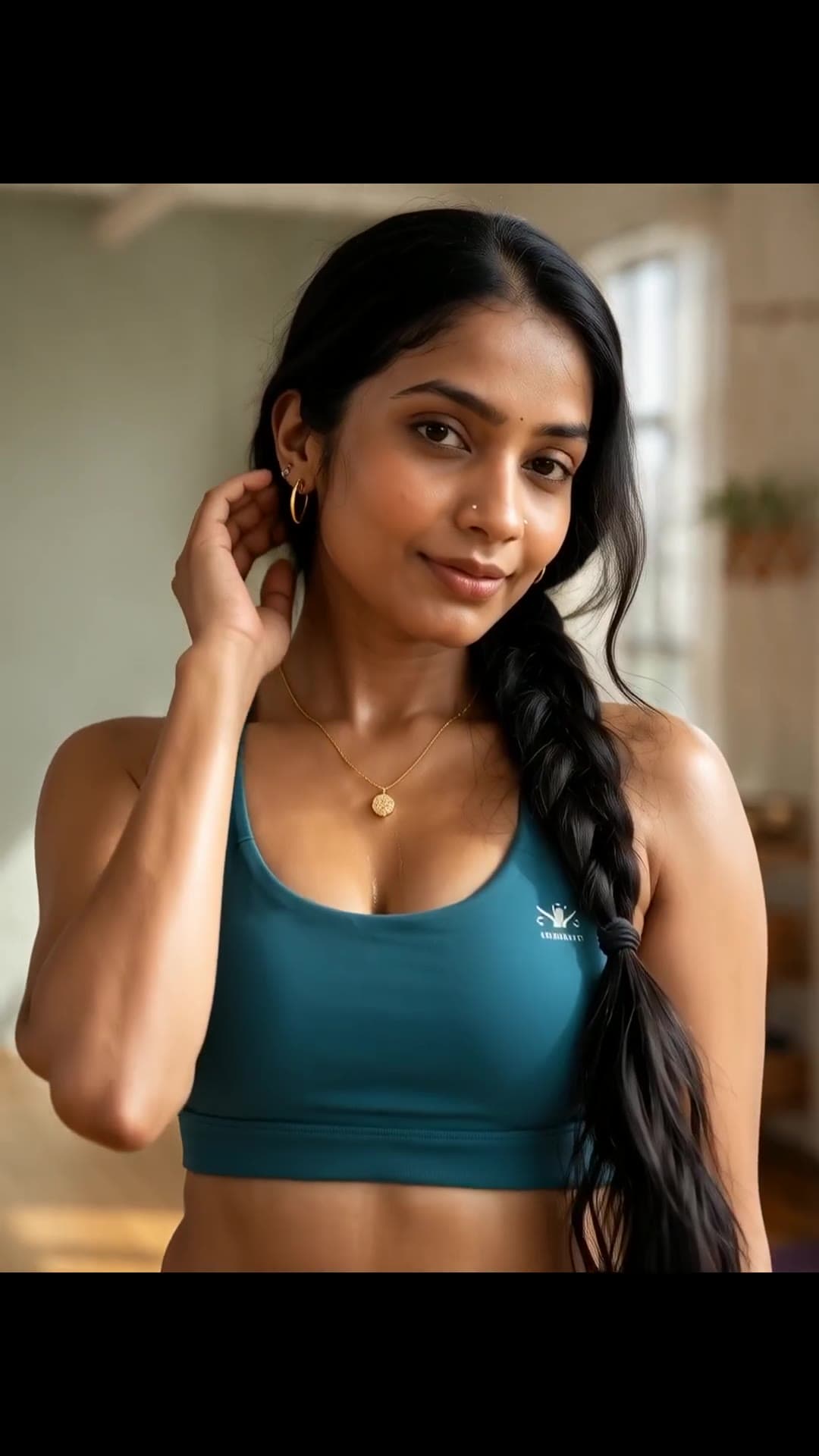 Long black braid sports bra studio