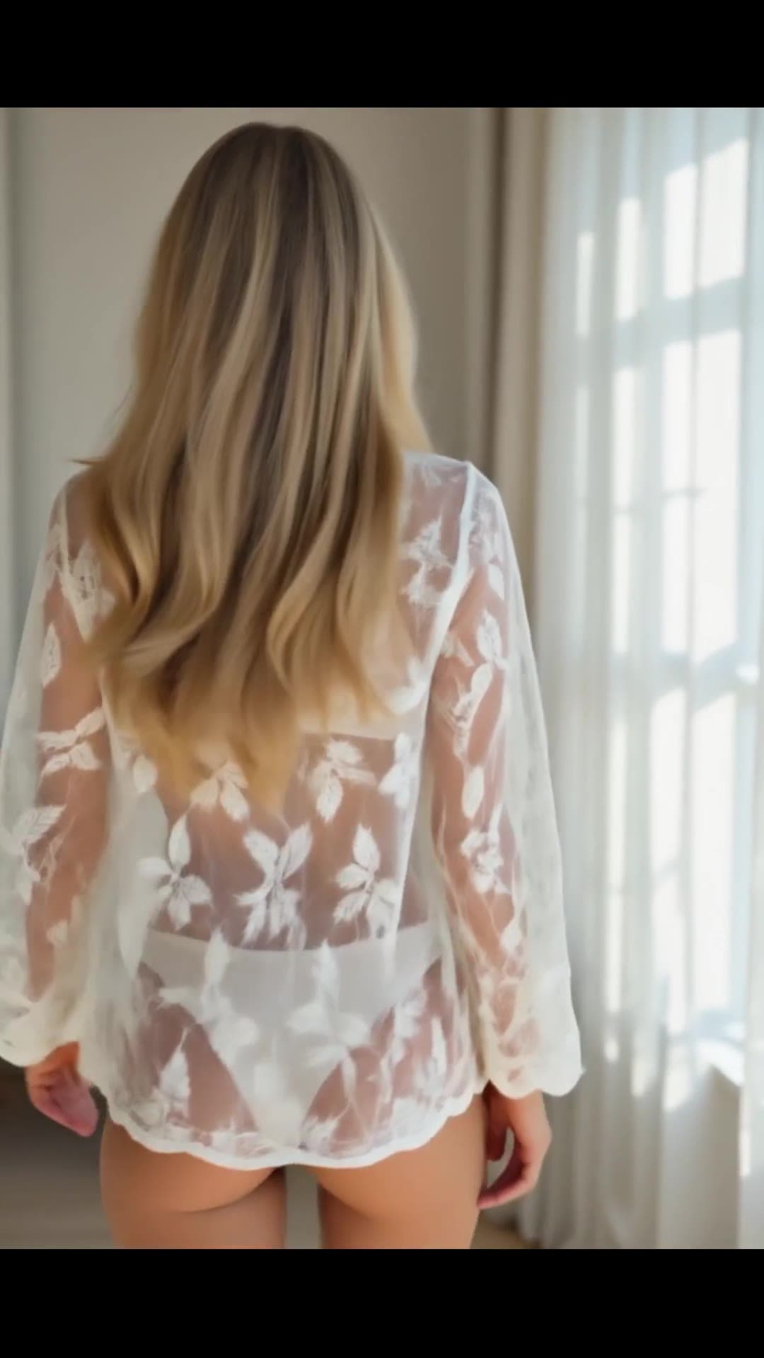 Young adult in sheer robe from behind