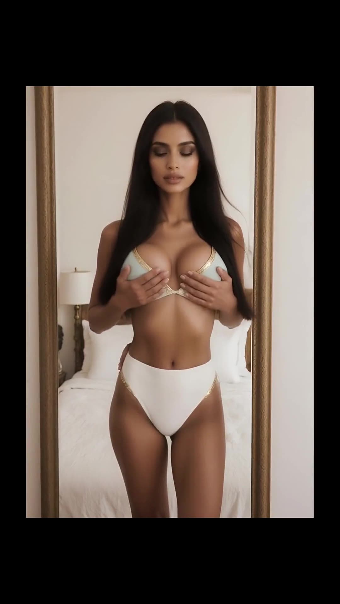 Mint lingerie mirror selfie in bedroom
