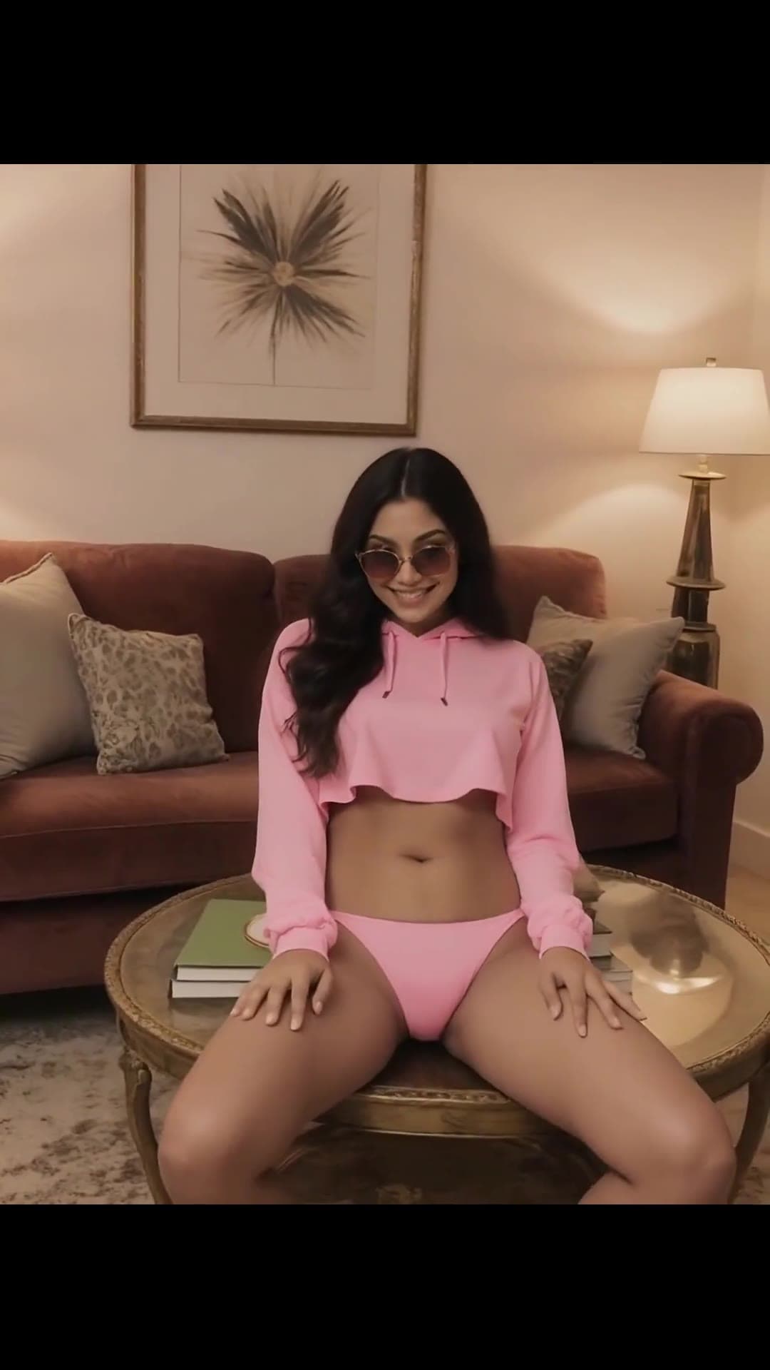 Long dark wavy hair pink hoodie pose