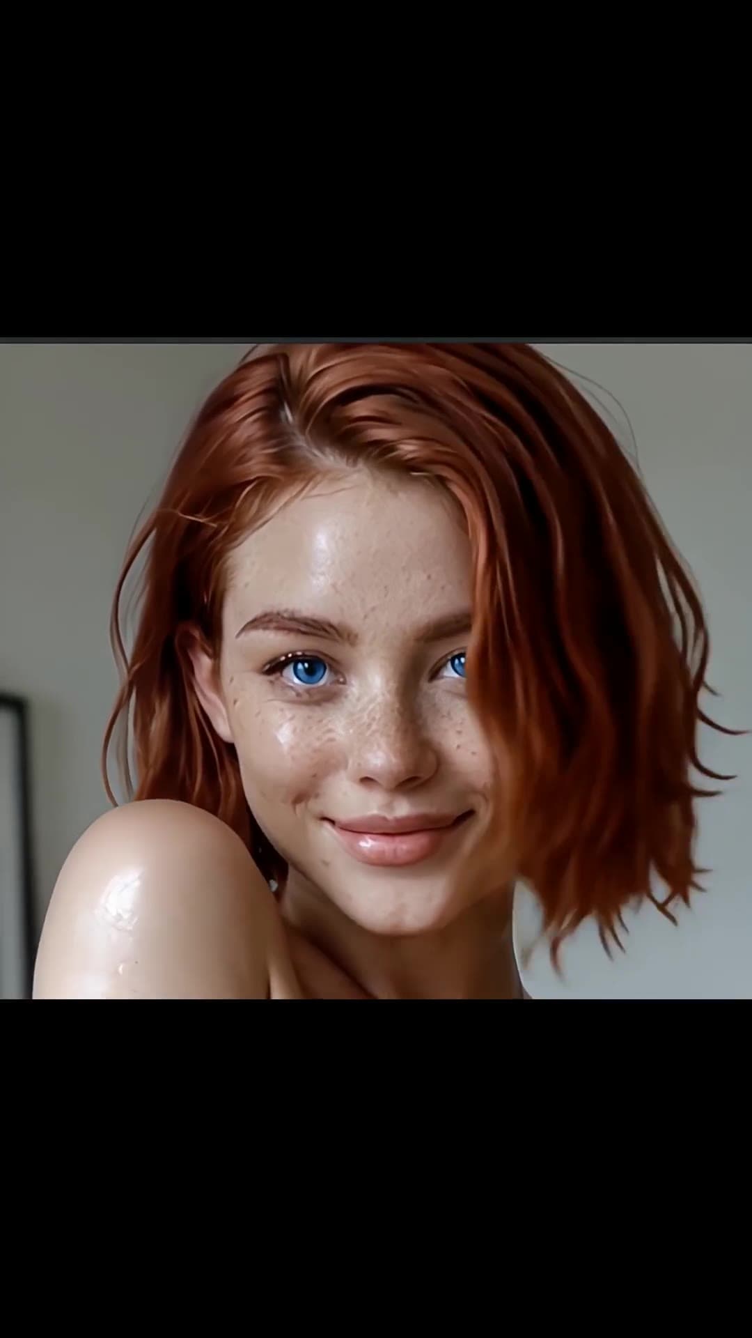 Freckled redhead topless close-up