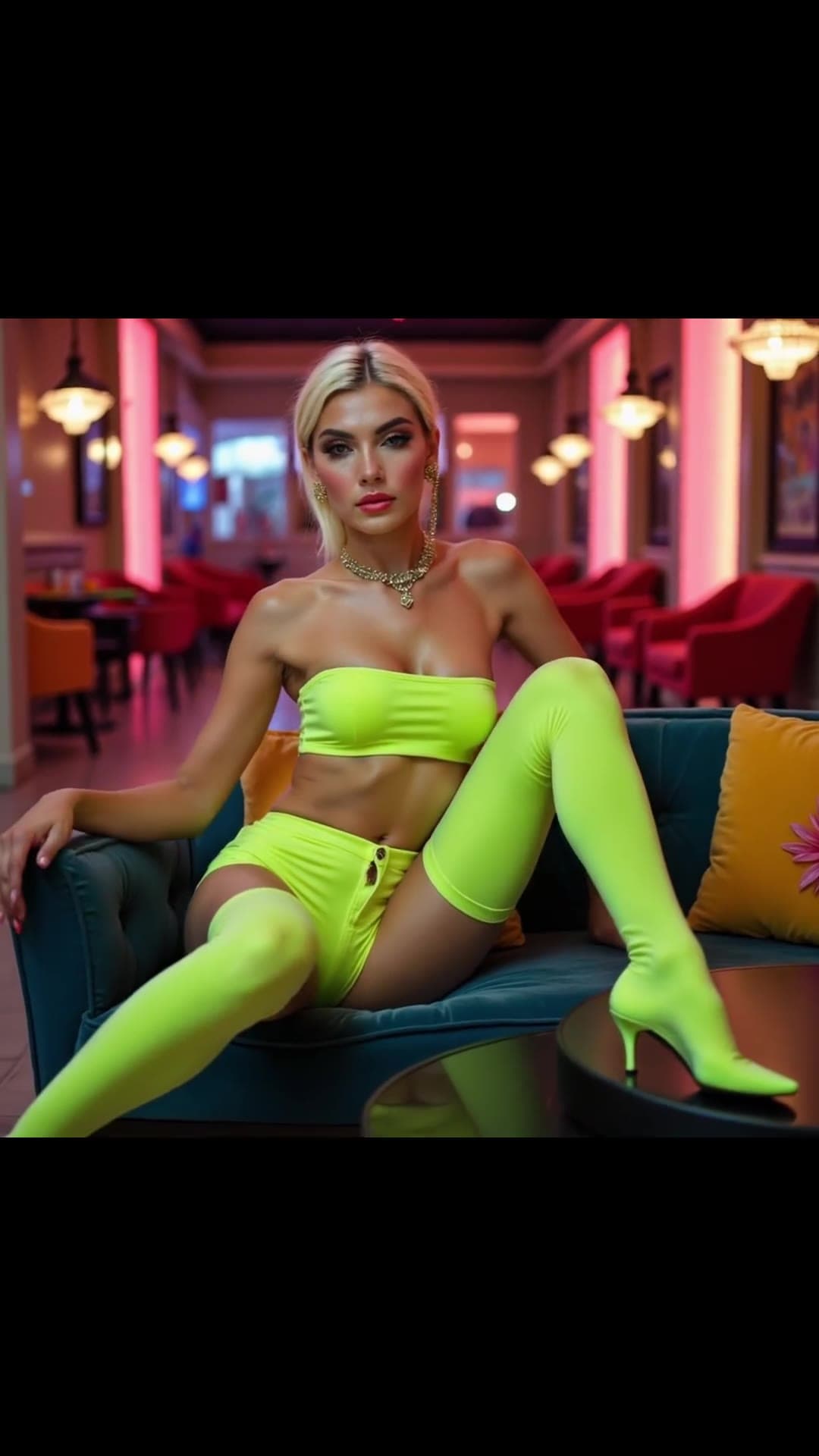 Neon yellow outfit legs spread wide