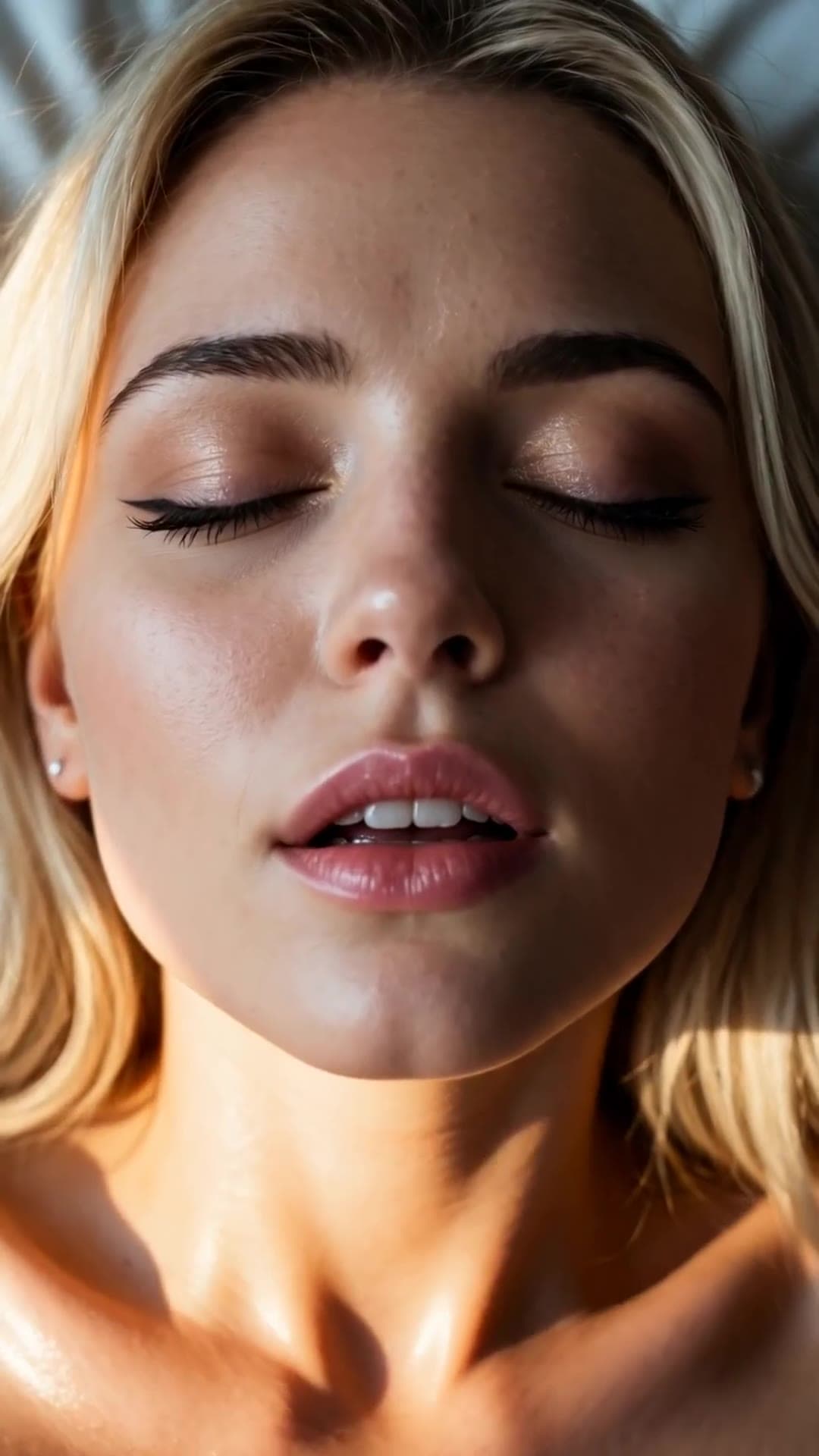 Blonde close-up topless in sunlight