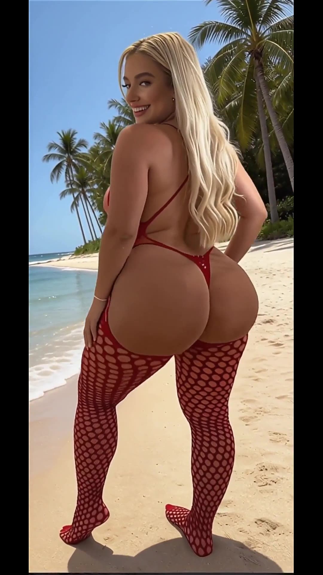 Blonde beach look back in red micro bikini
