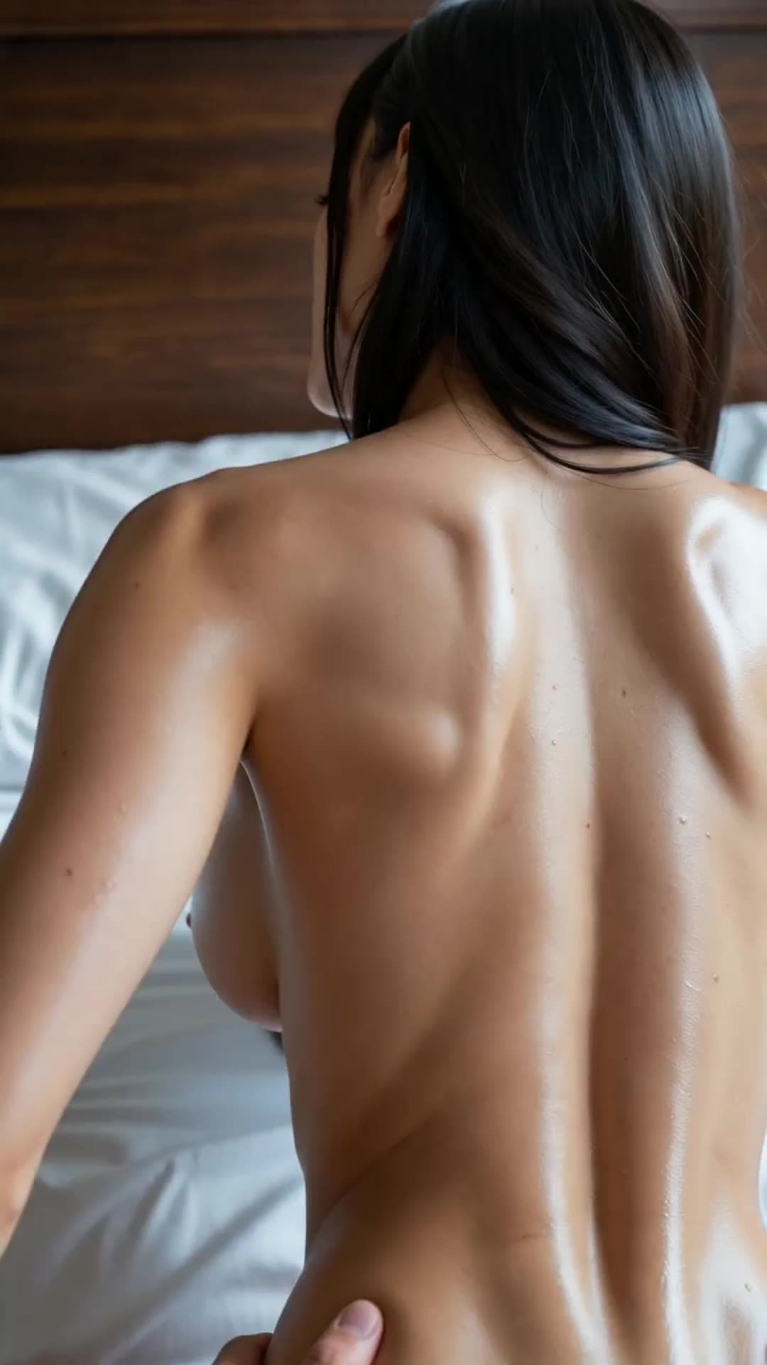 Topless back view on bed