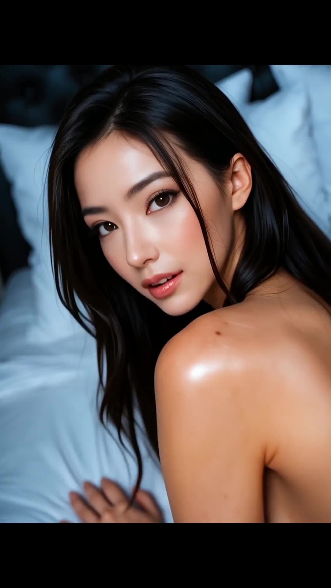 Long black hair topless glance back