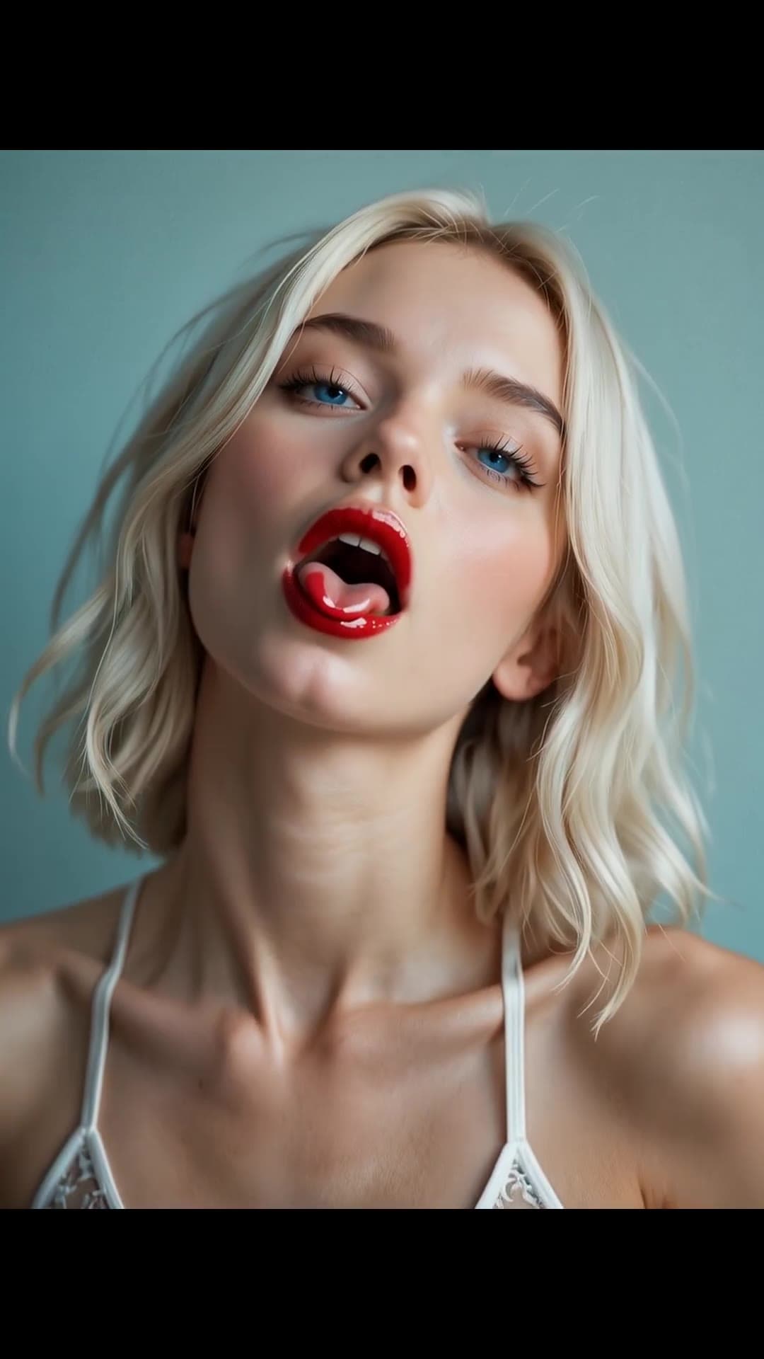 Blonde blue eyes tongue out close-up