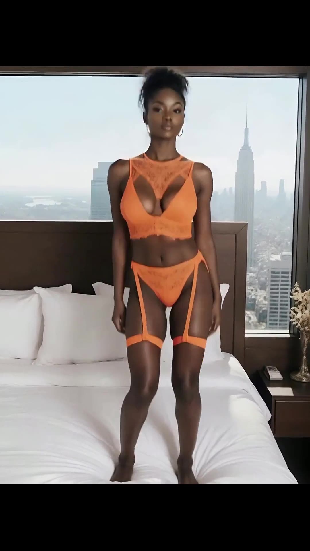 Curvy ebony body in orange lace