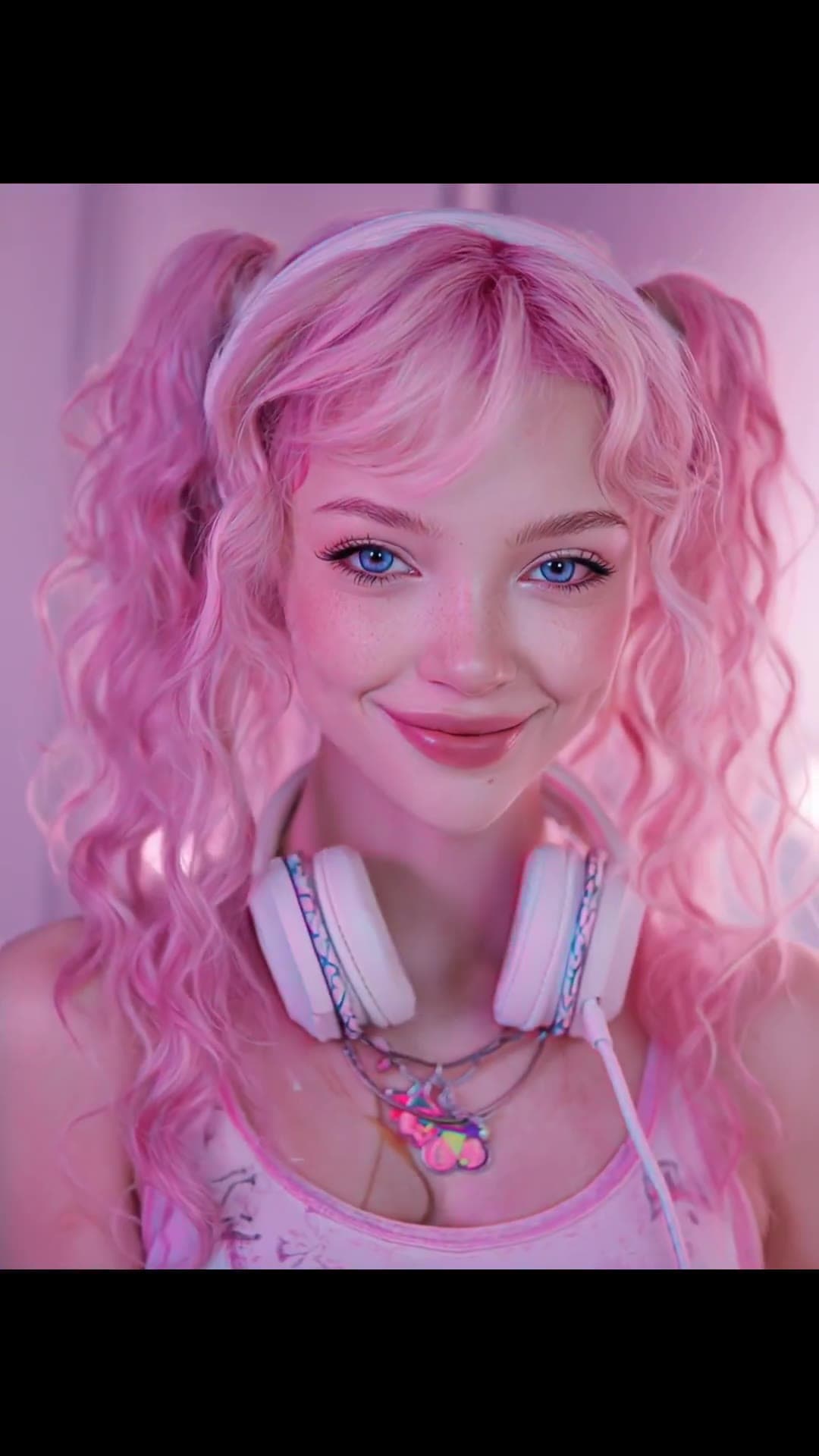 Pink pigtails selfie in bedroom