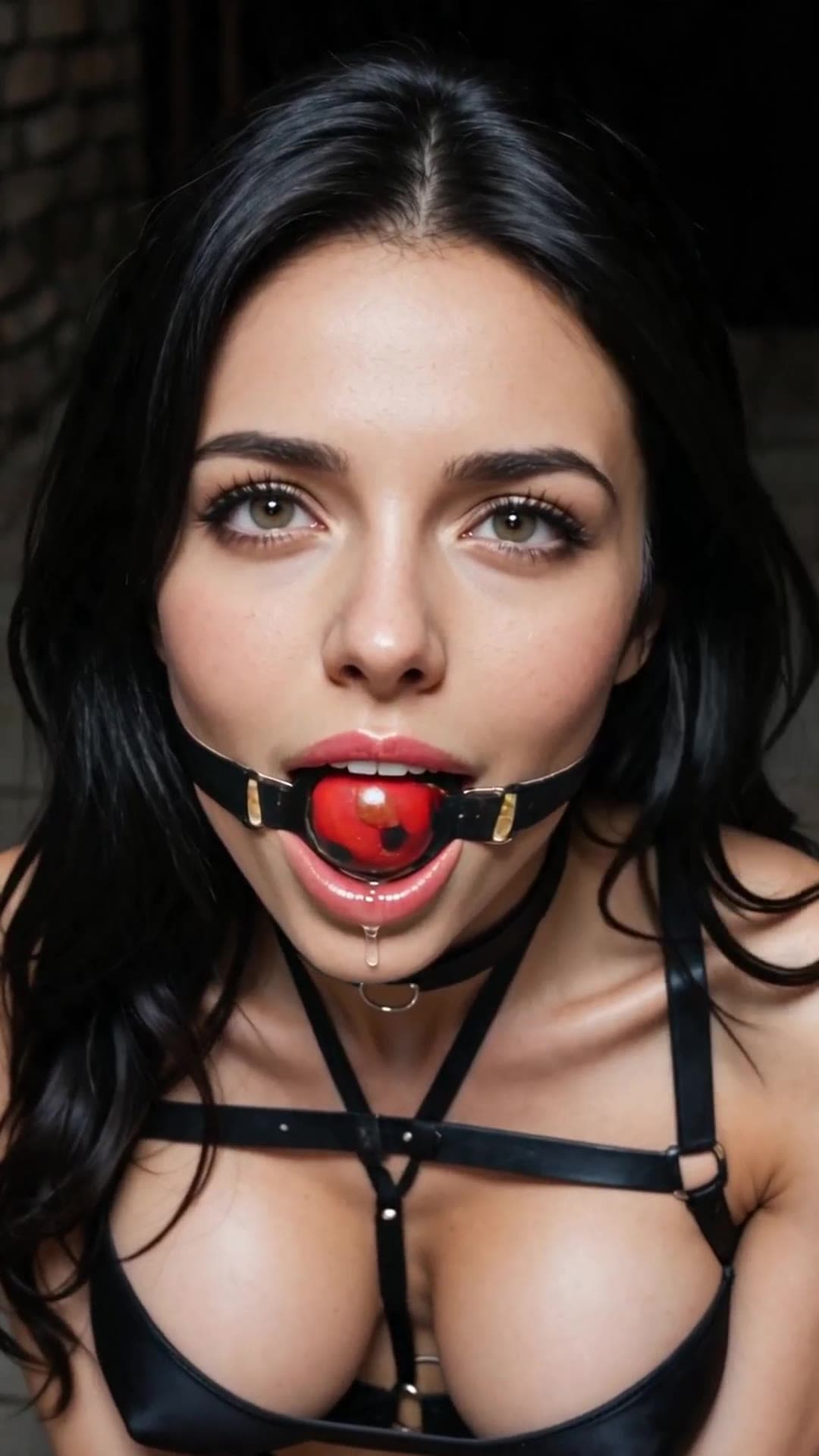Early 20s ball gag harness close-up