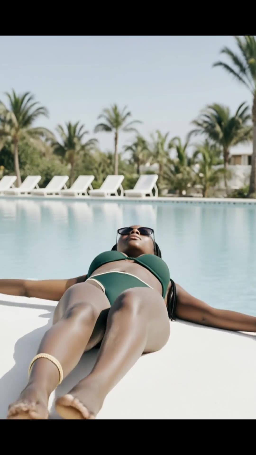 Curvy ebony in green bikini poolside