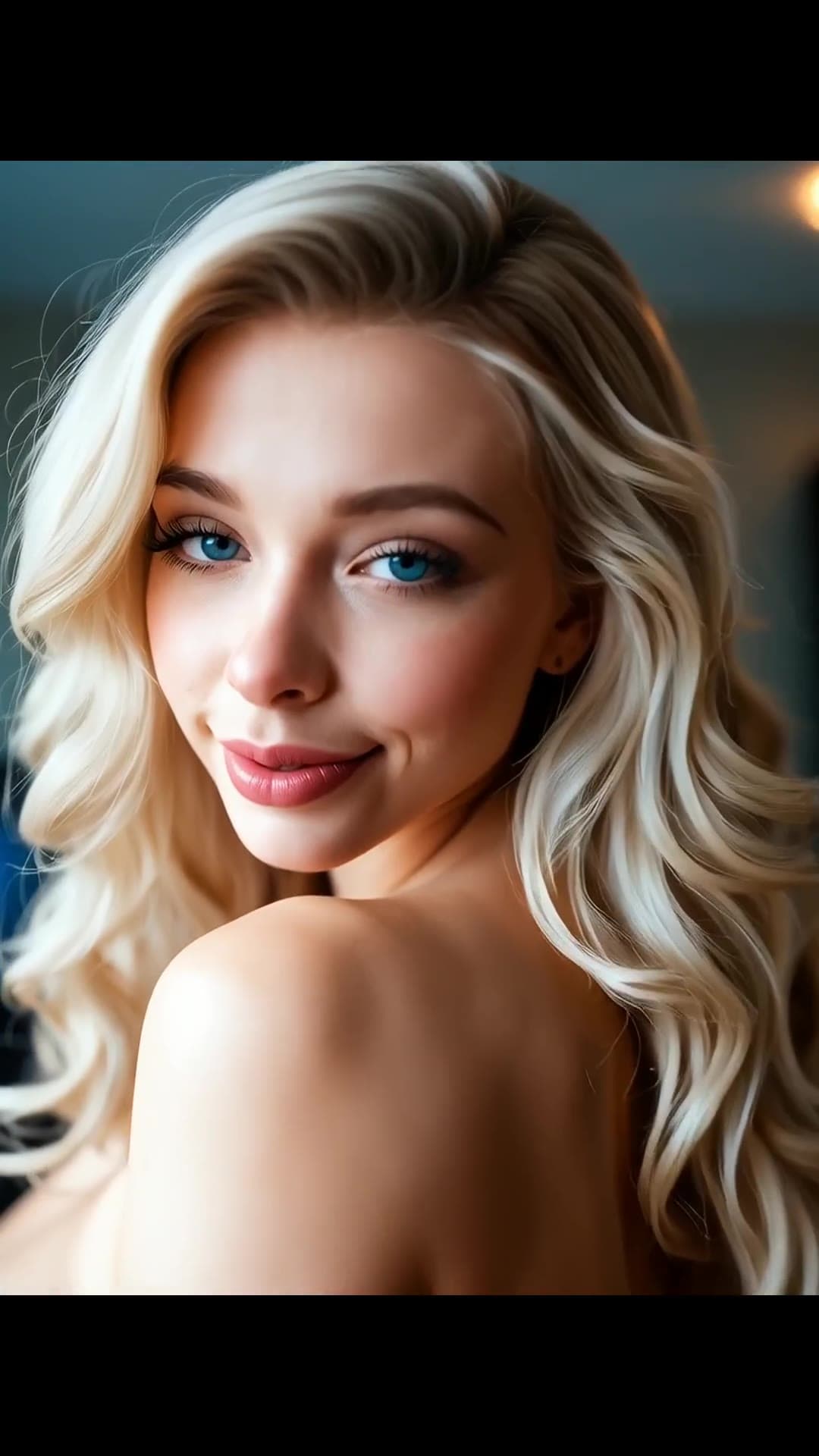 Blonde over shoulder topless closeup