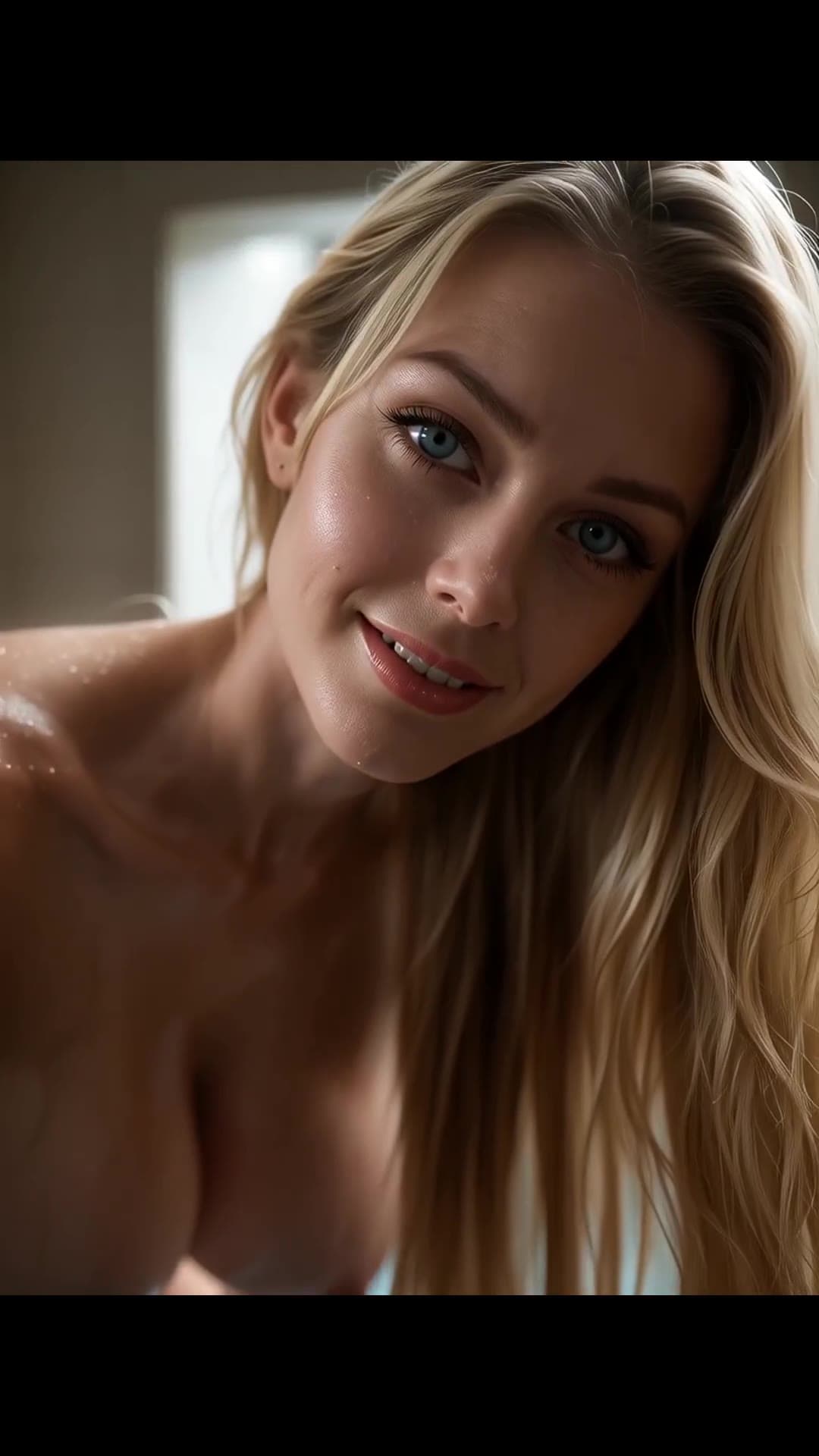 Blonde blue eyes wet selfie