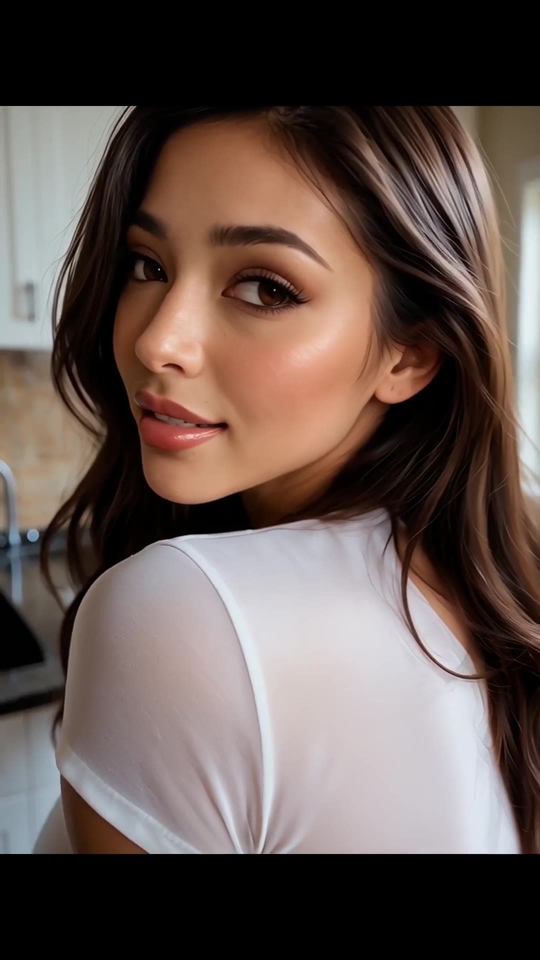 Young adult sheer top in kitchen
