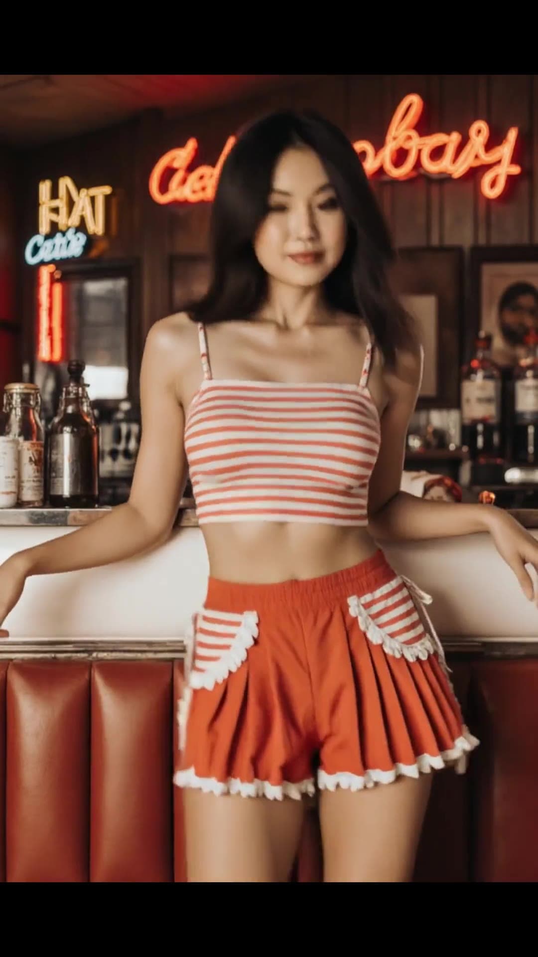 Asian model in red crop top at bar