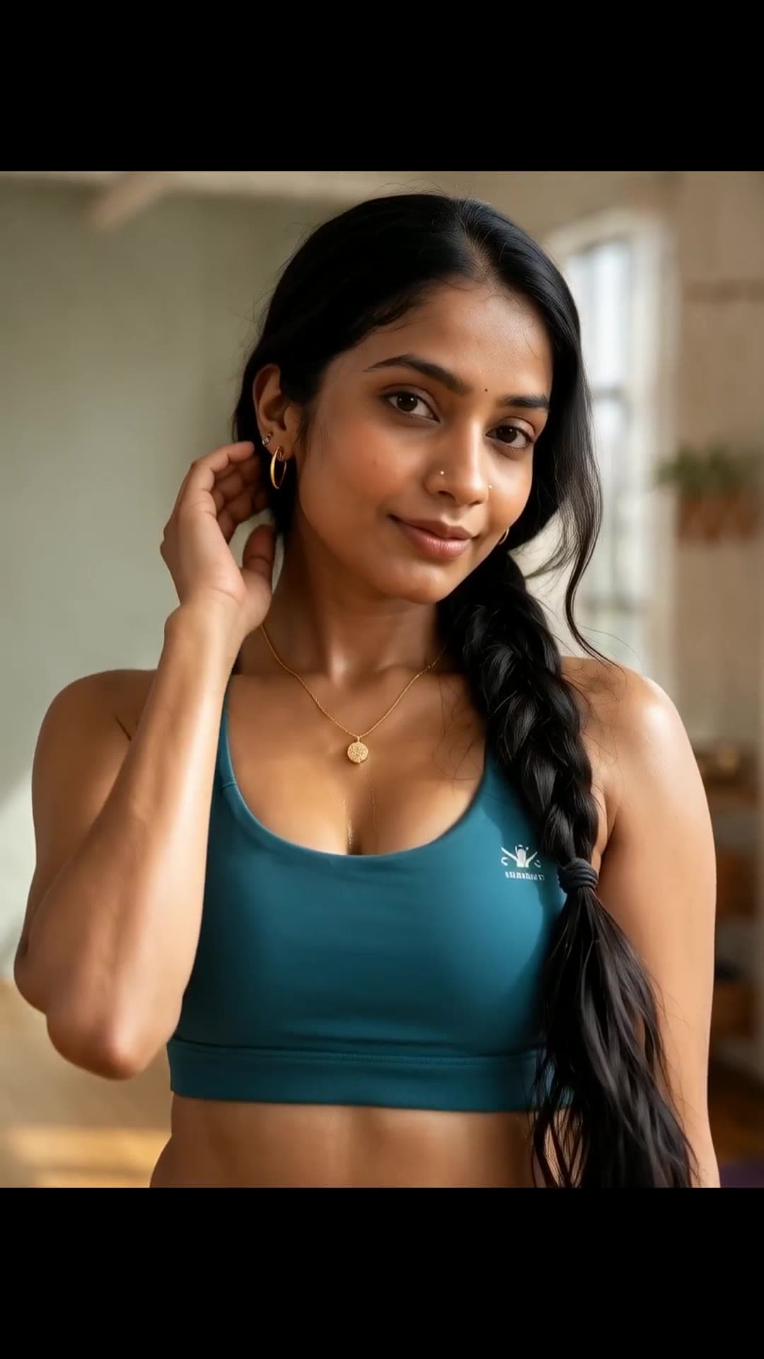 Teal sports bra cleavage selfie