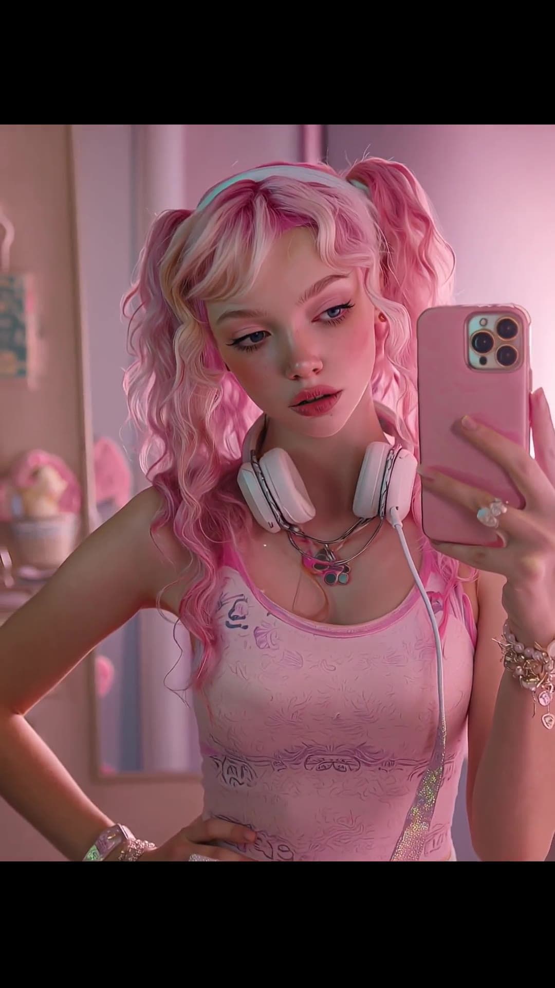 Pink bedroom selfie in sheer tank