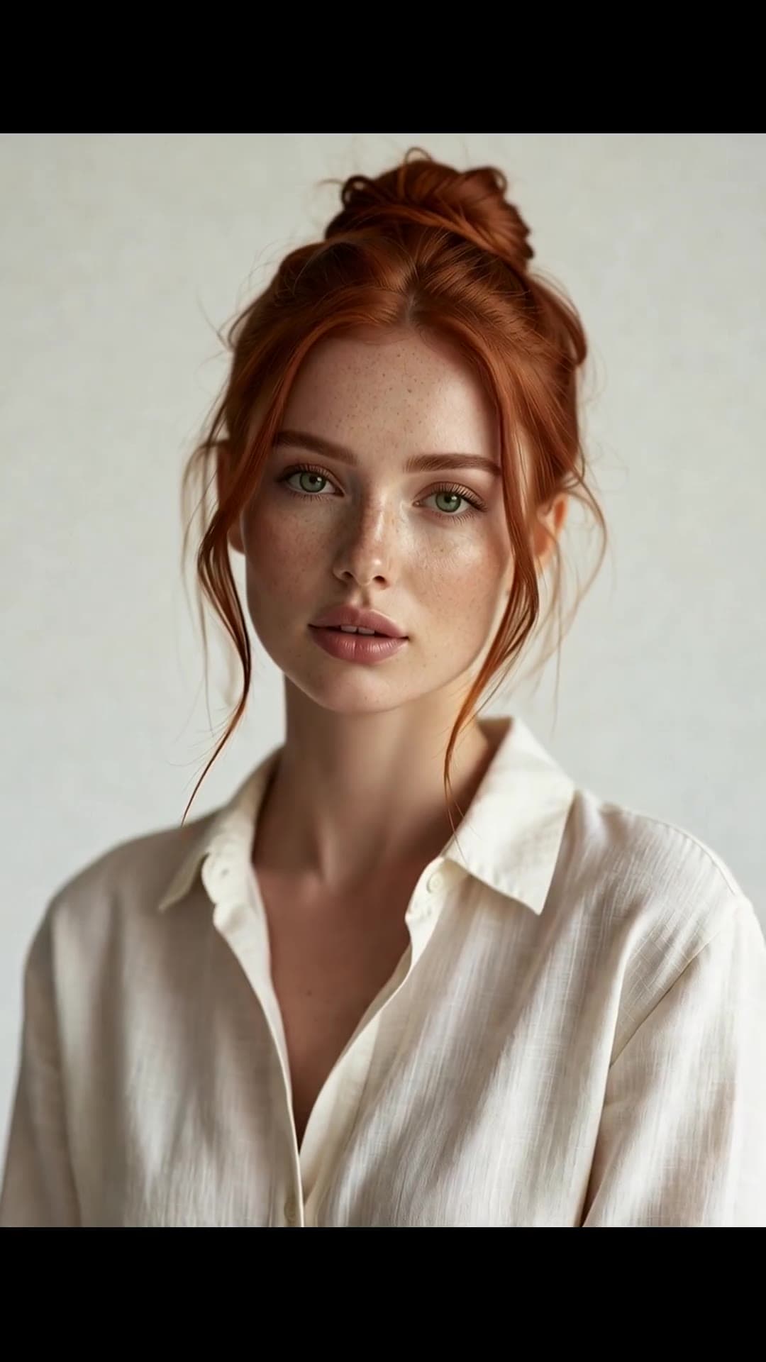Redhead green eyes linen shirt portrait