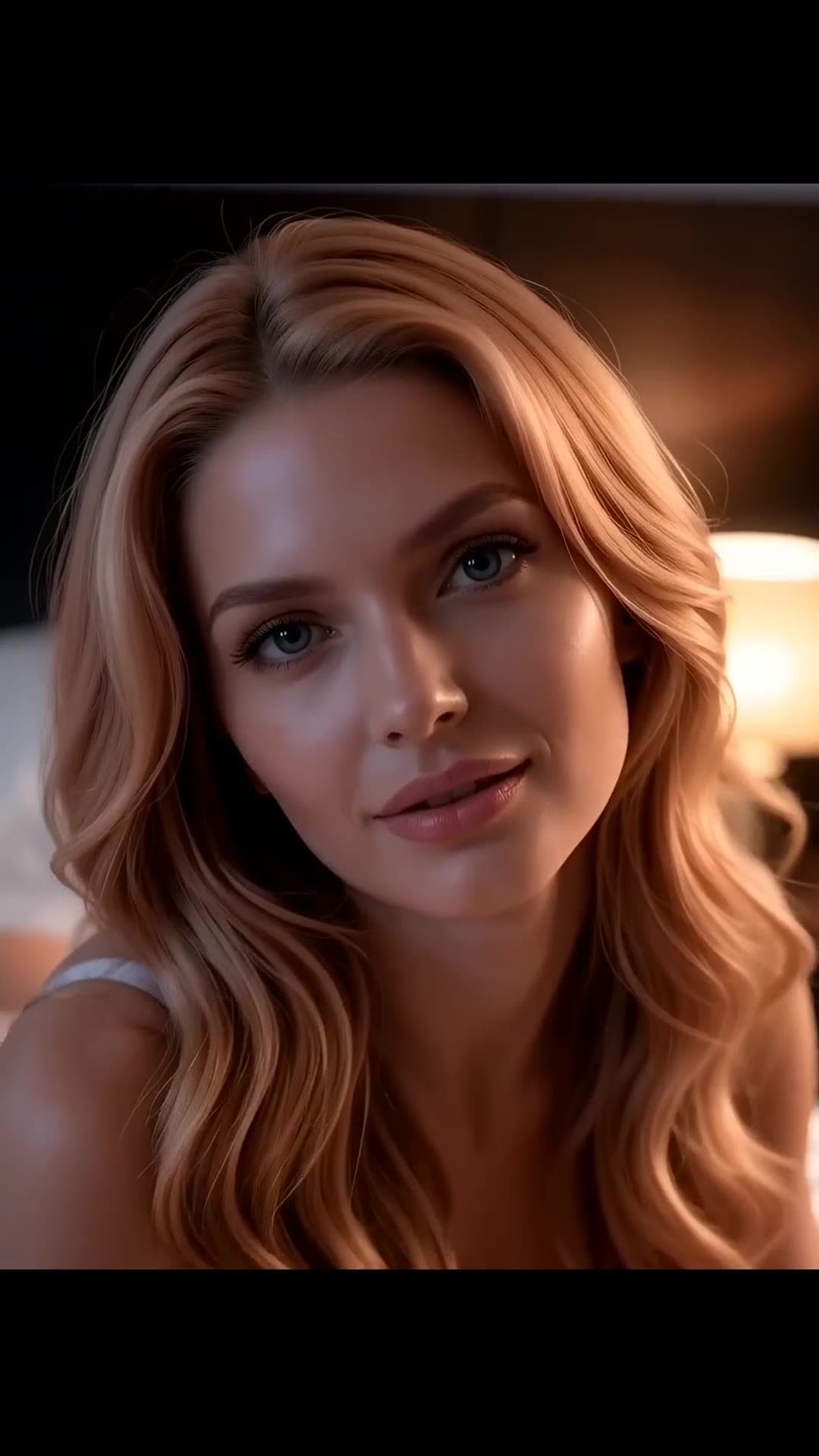 Blonde in white top bedroom close up