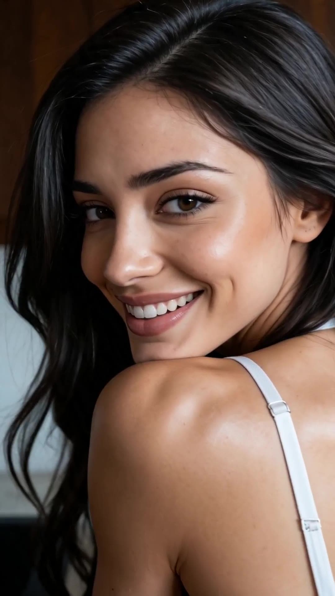 White bra selfie over bare shoulder