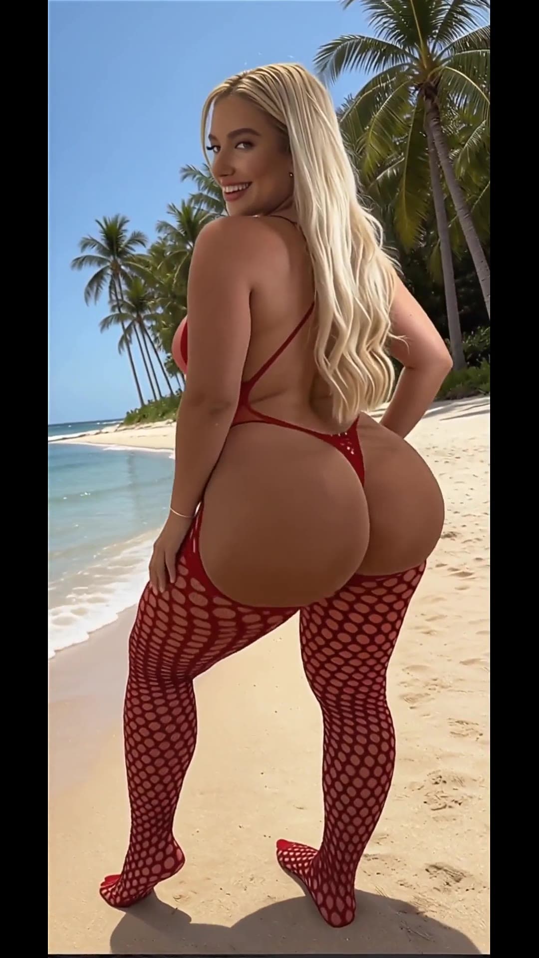Blonde beach micro bikini fishnets