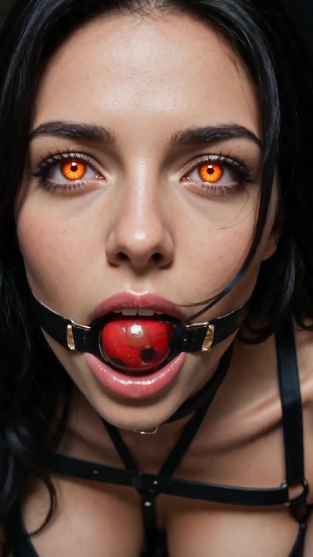 Raven hair ball gag drool close-up