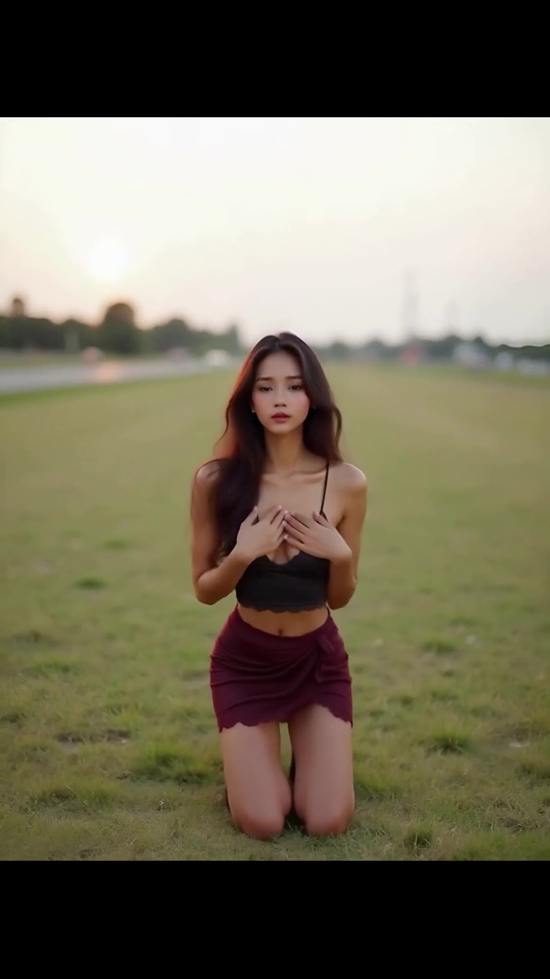 Raven hair sunset field pose
