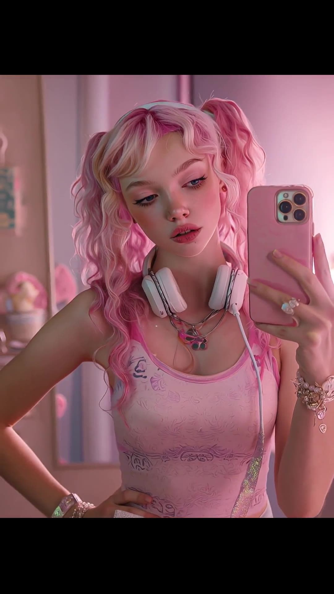 Pink tank selfie in bedroom