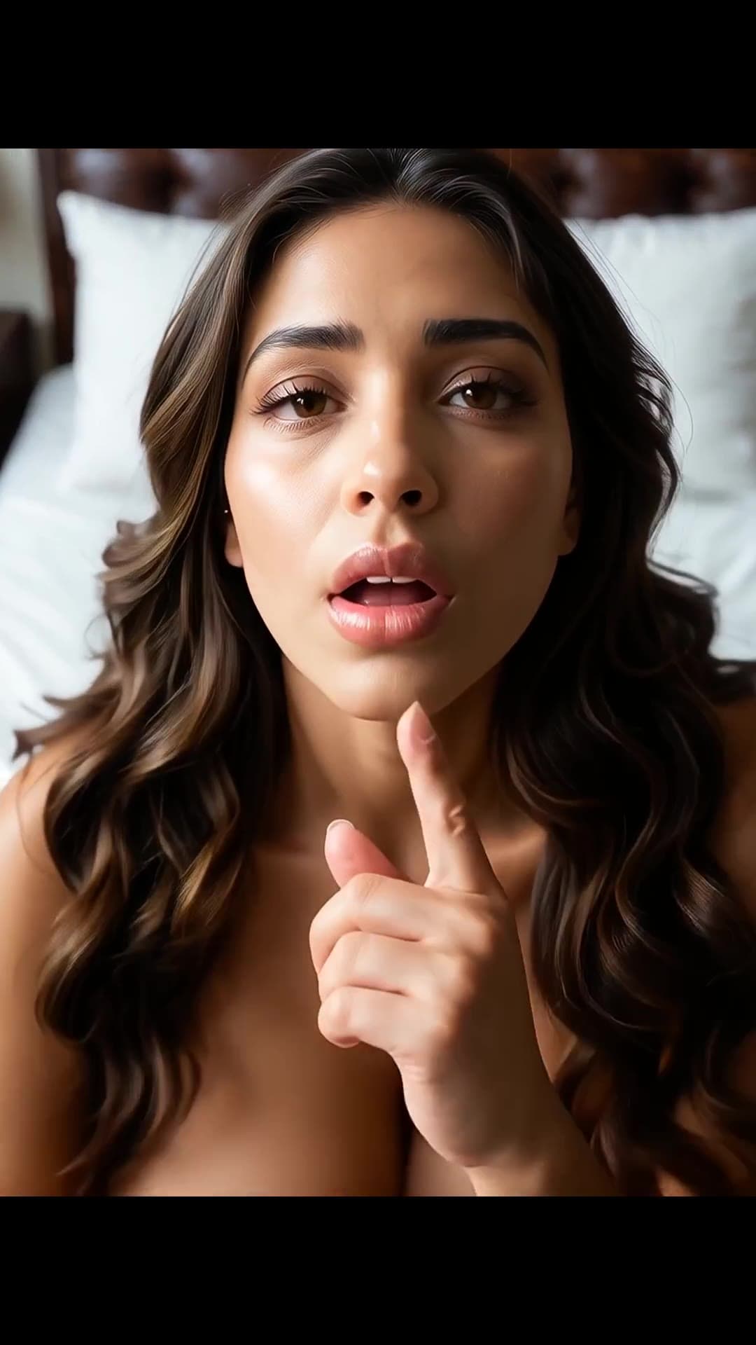 Topless Latina points at camera