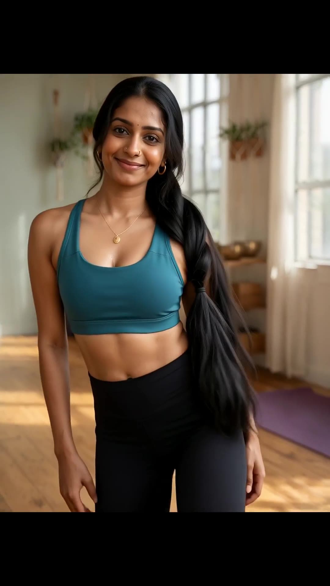 Teal sports bra yoga studio stretch