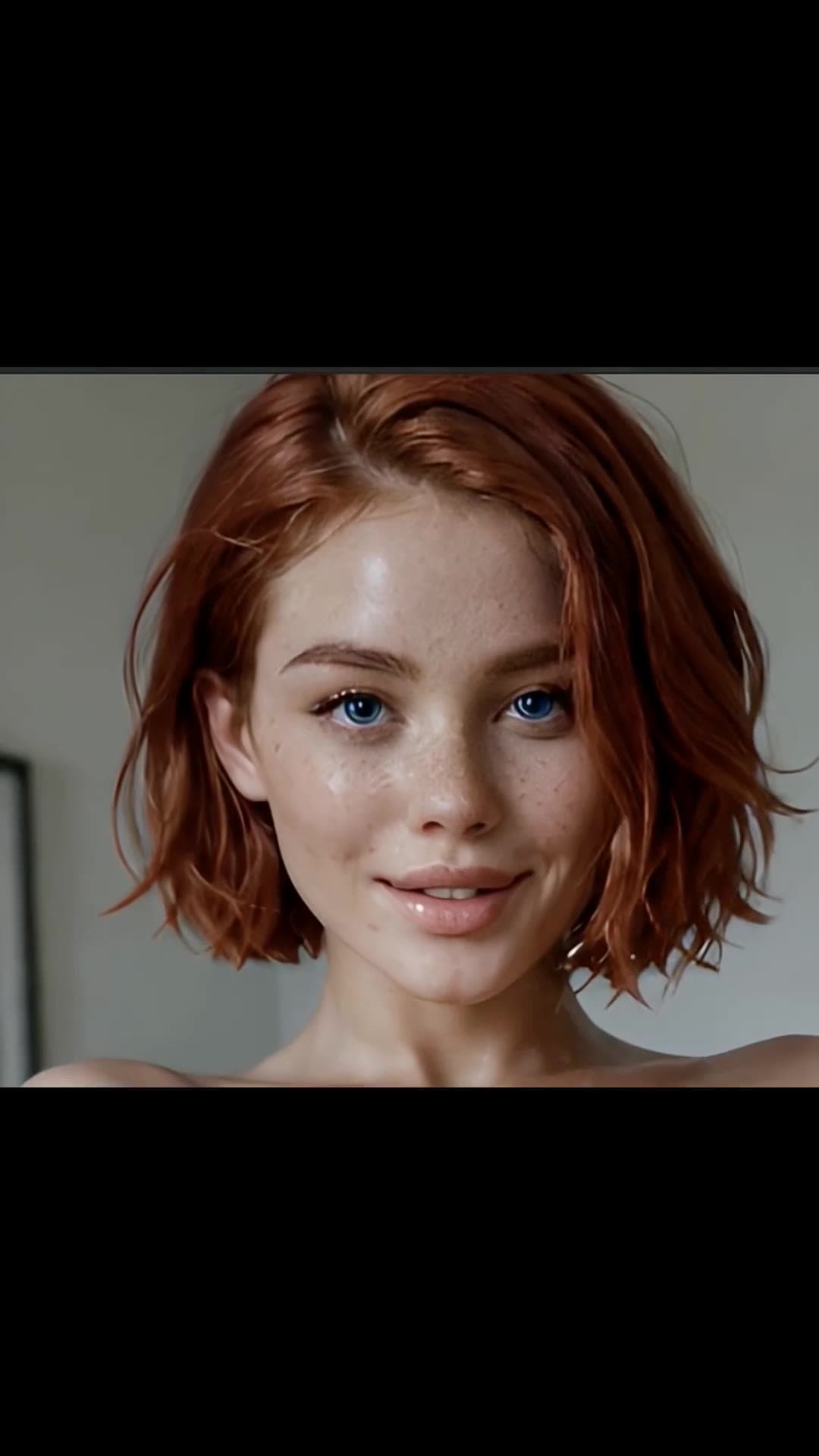 Short copper hair blue eyes topless