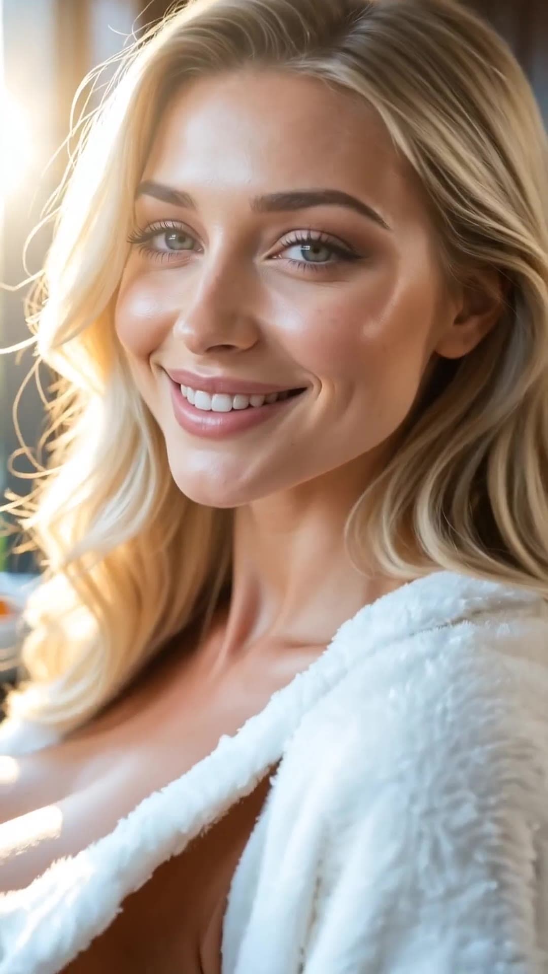 Blonde robe selfie close up