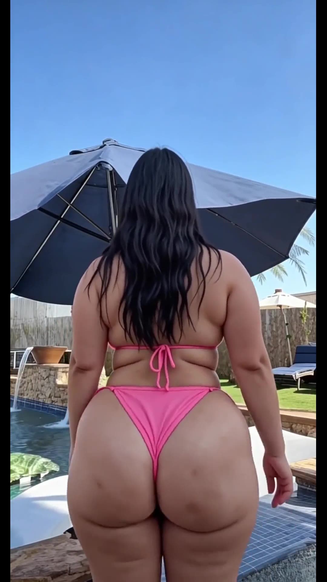 Curvy Asian ass in pink thong poolside