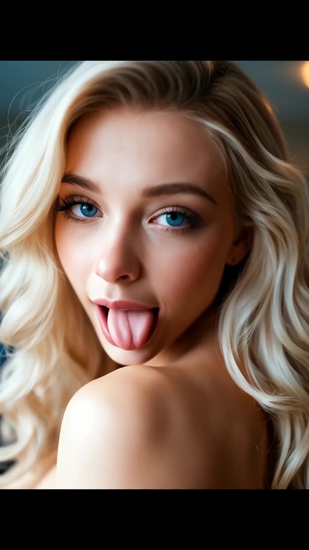 Topless blonde ahegao close-up indoors