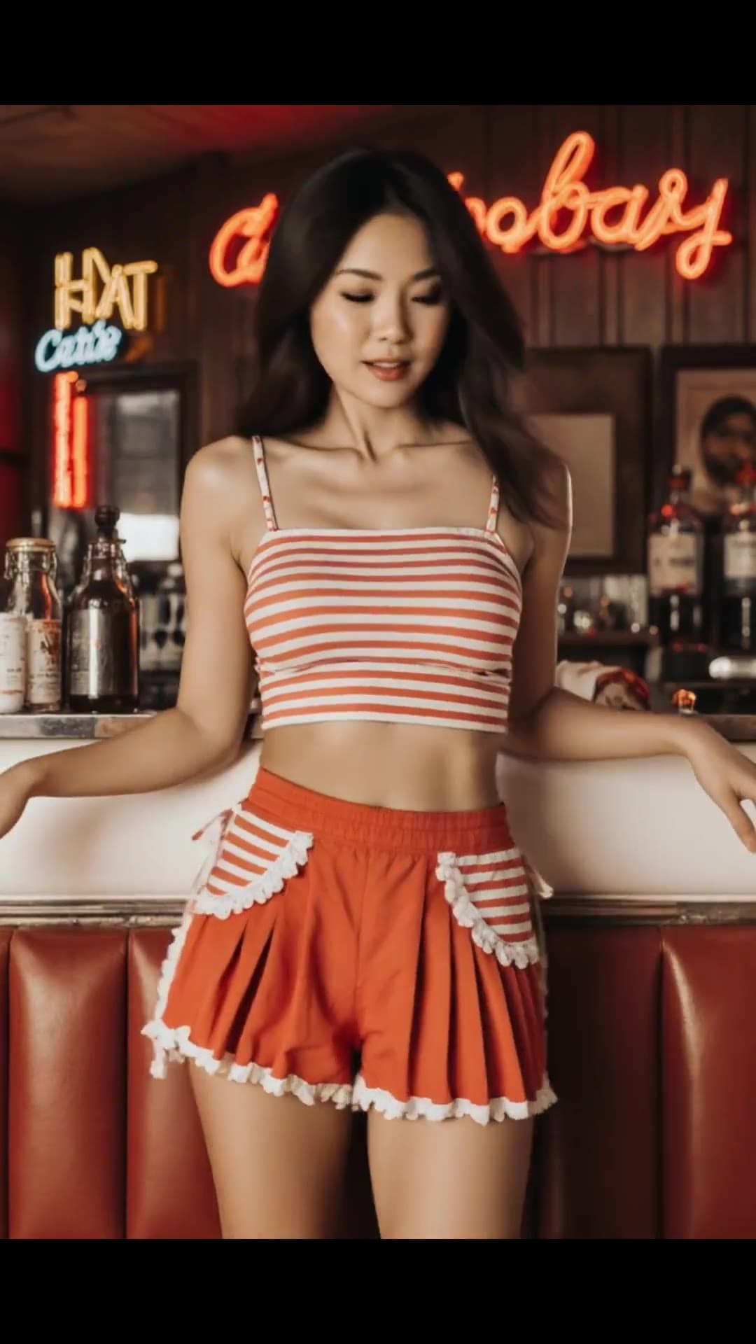 Athletic woman leans on bar counter