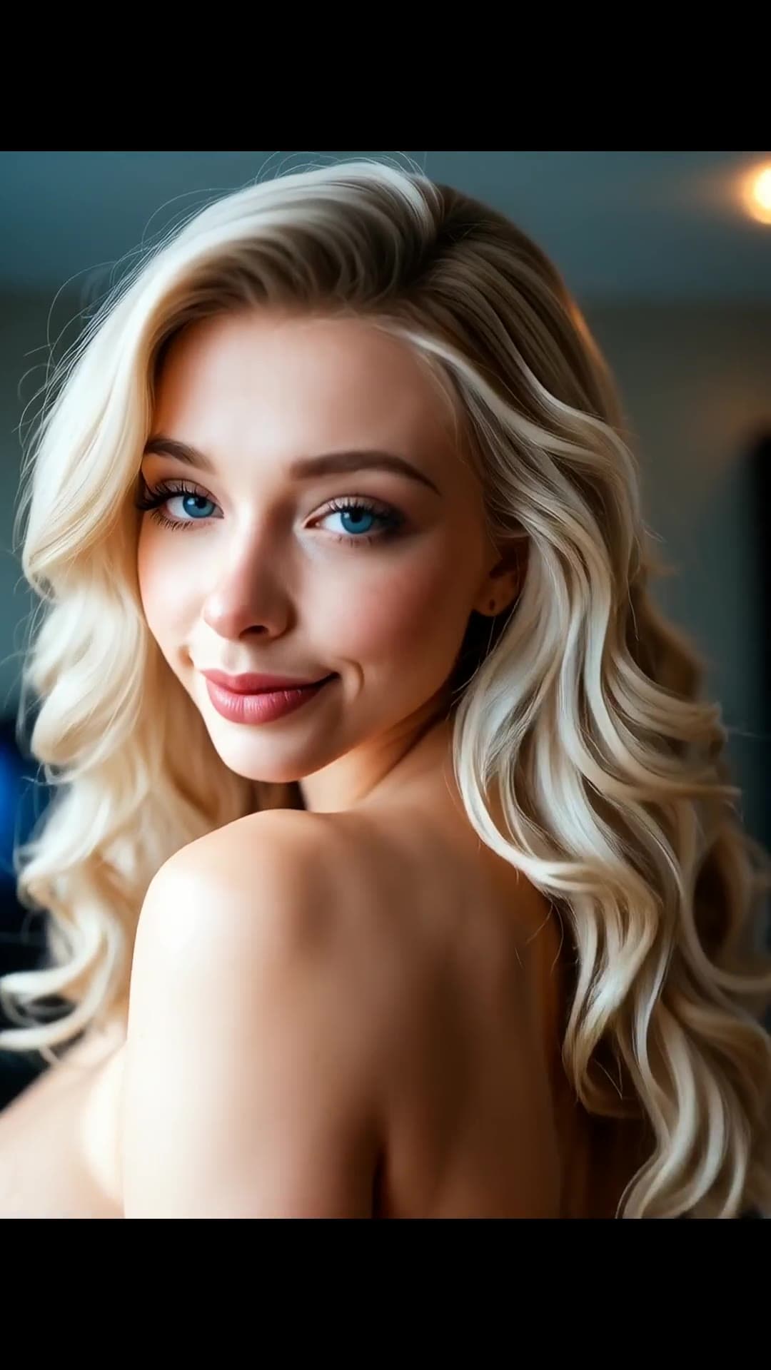 Blonde topless over-shoulder glance