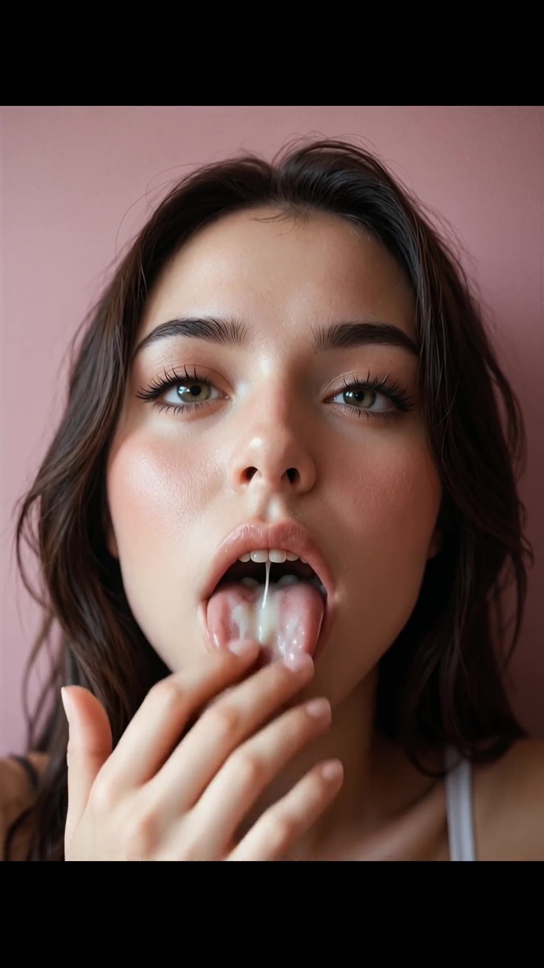 Close up cum string on tongue selfie