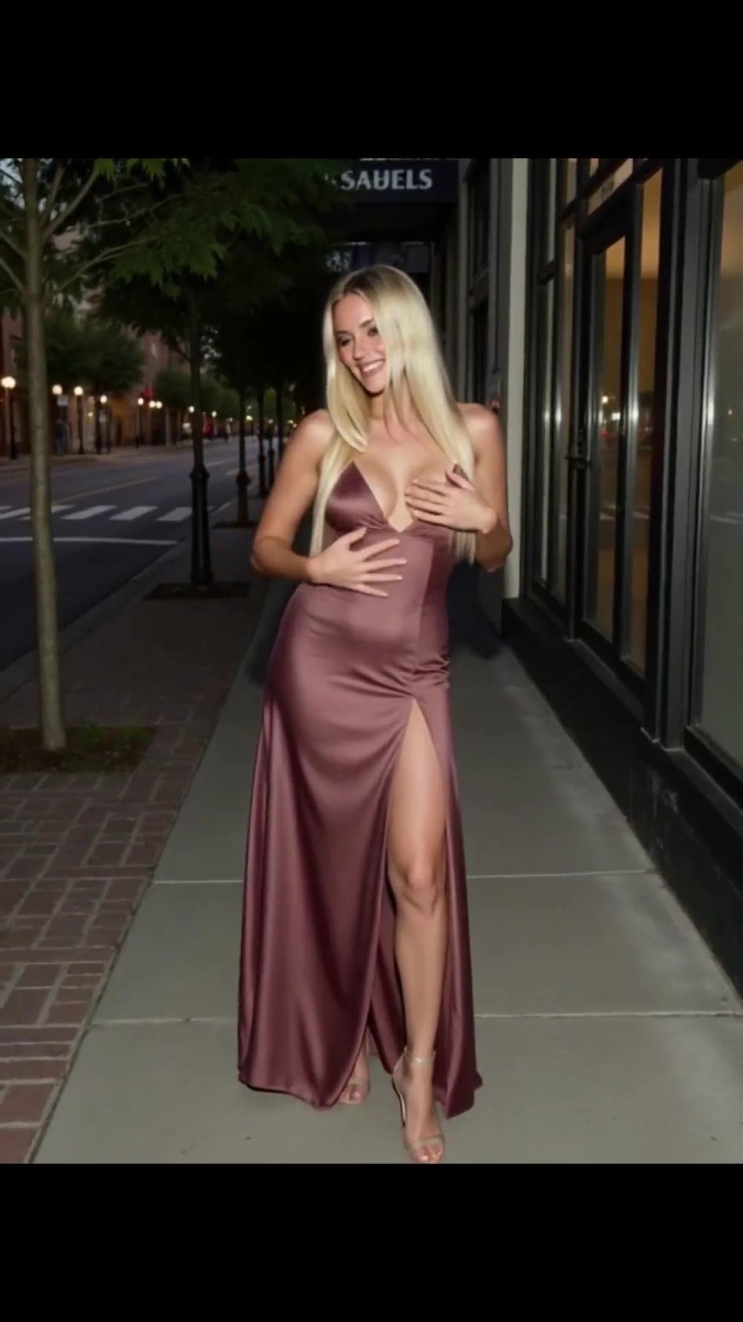 Platinum blonde satin dress on sidewalk