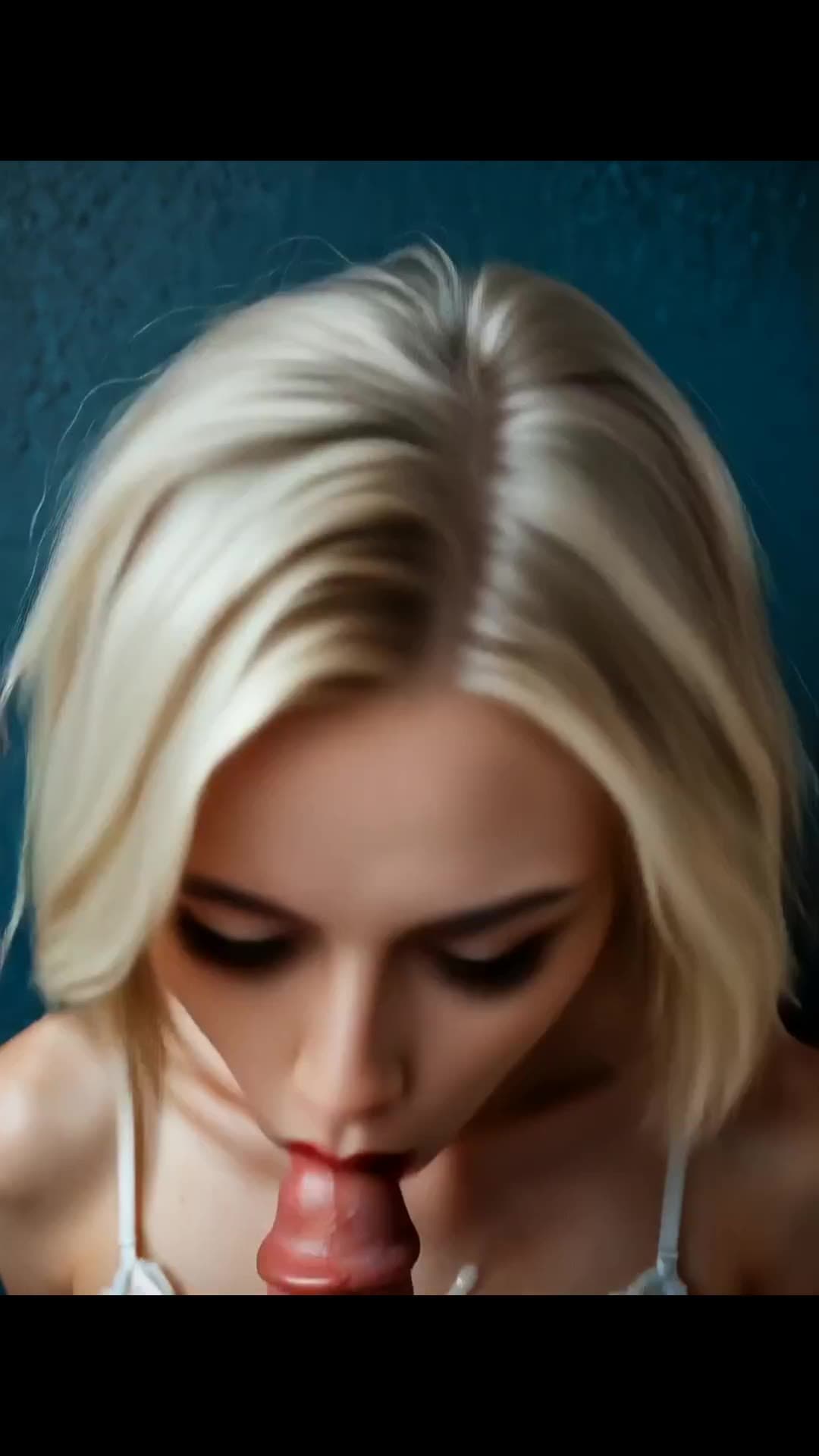 POV blowjob close-up against teal wall