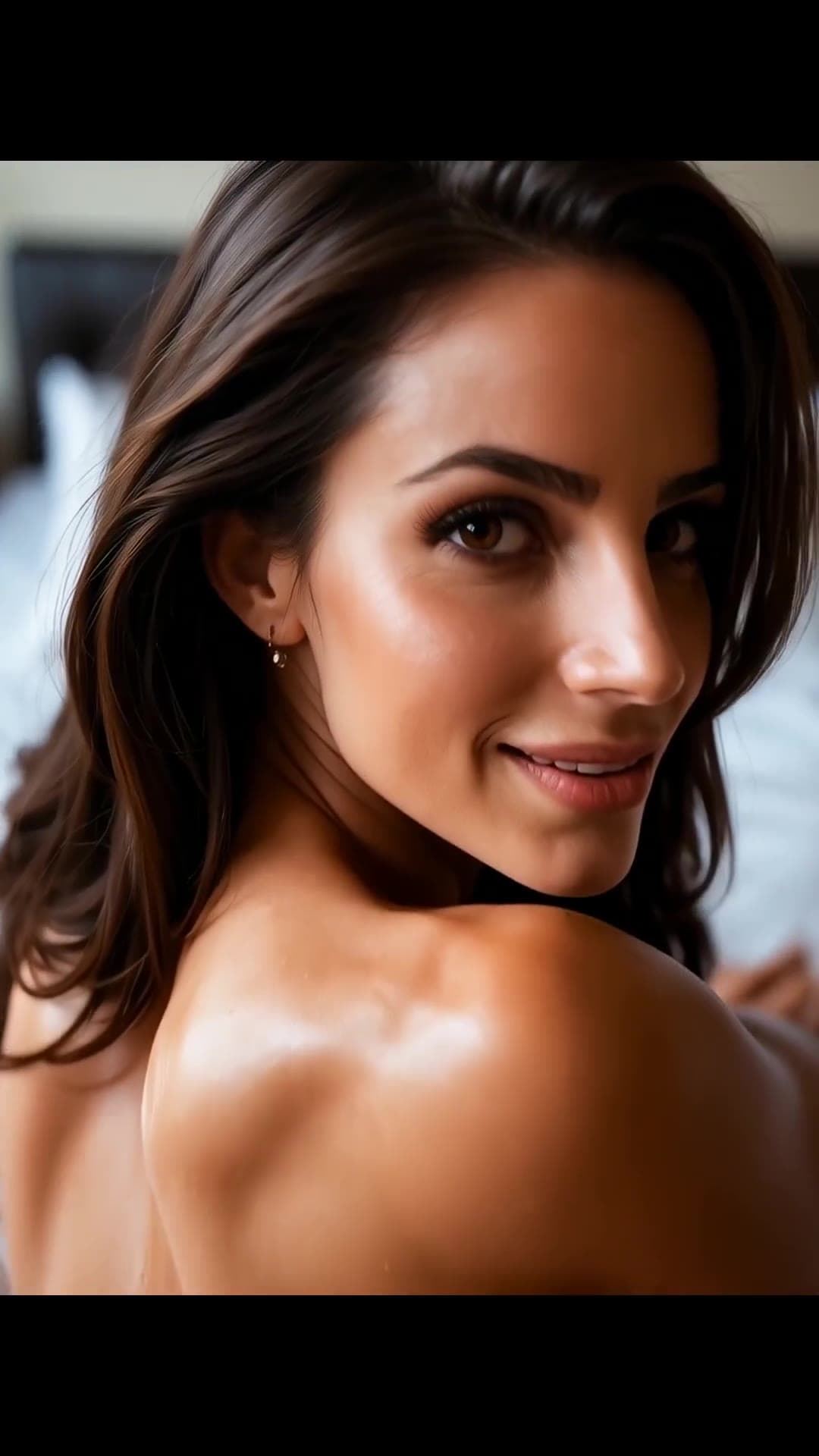 Topless bedroom glance over shoulder