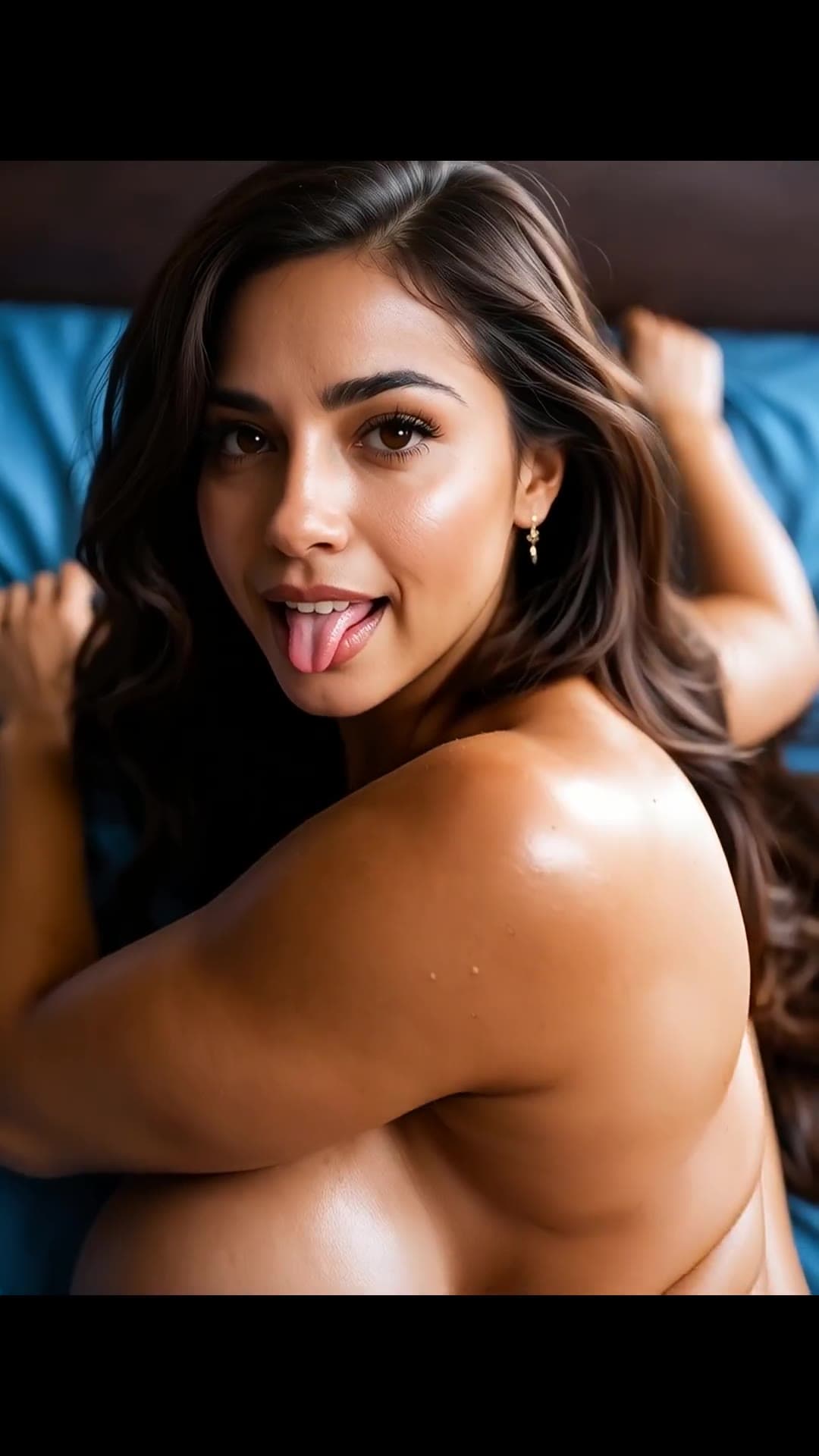 Tongue out topless selfie in bed