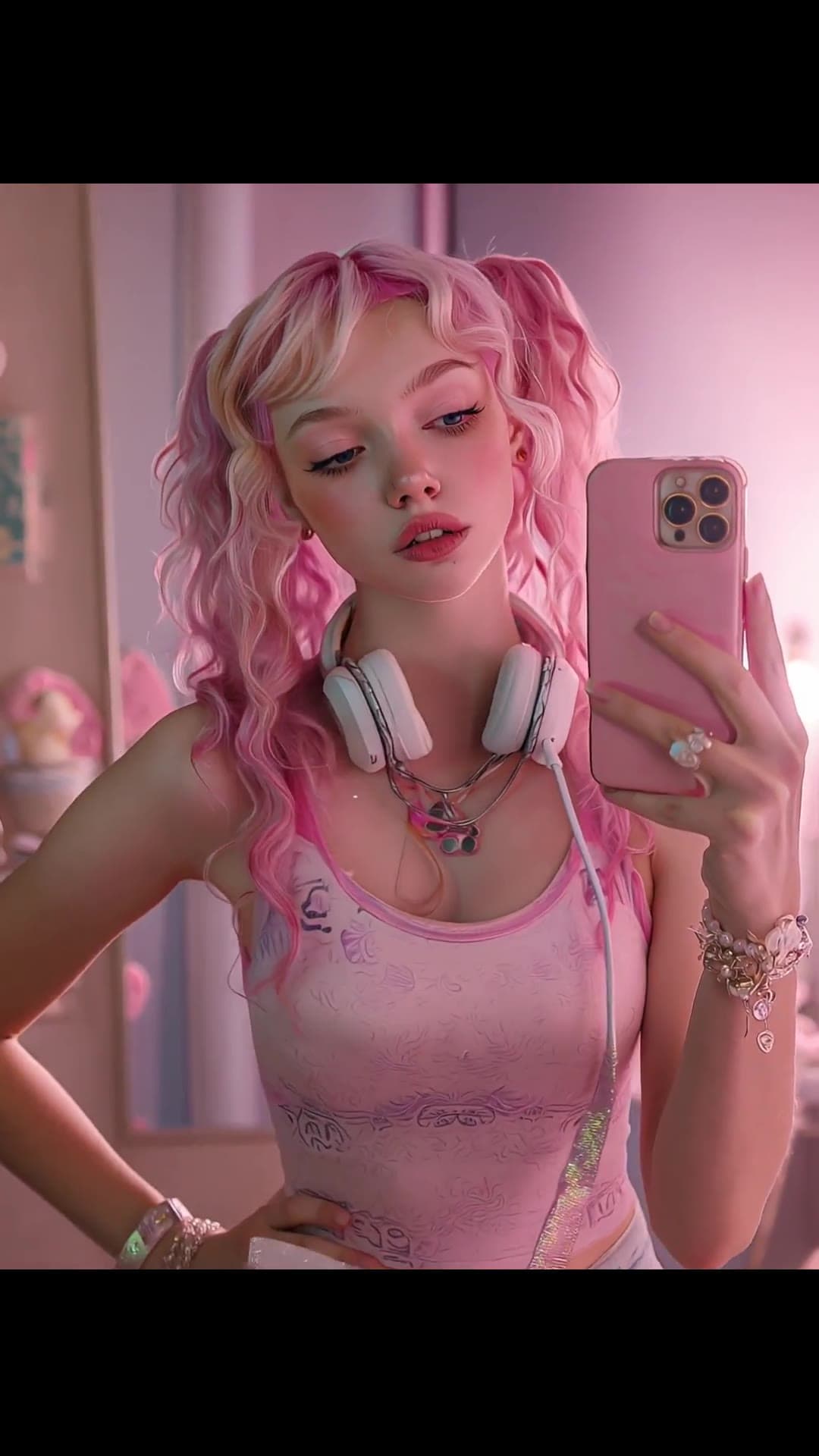 Pink bodysuit selfie in bedroom